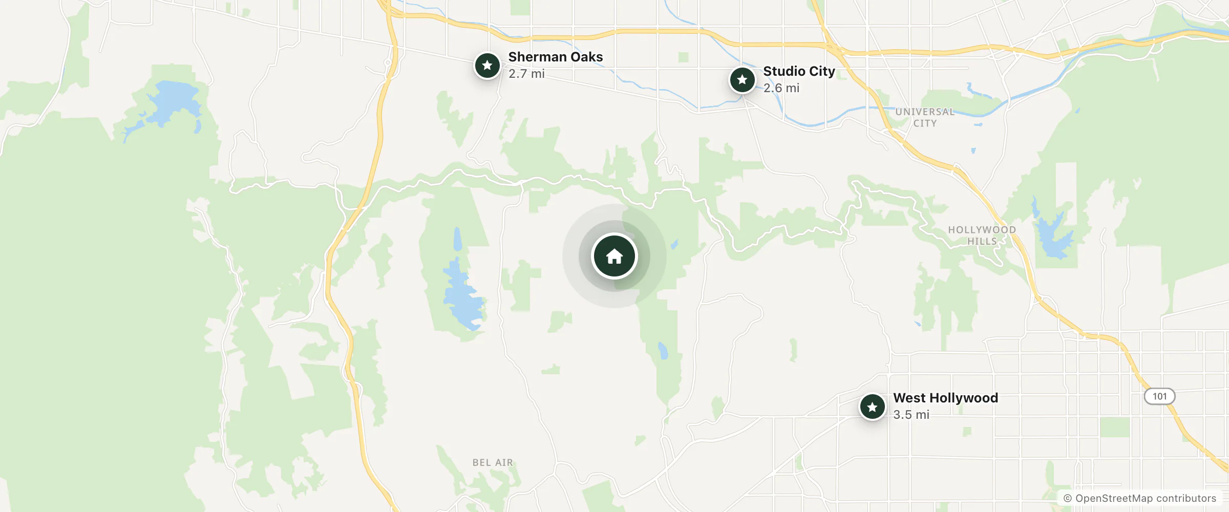 Map of Summitridge Mansion and nearby Studio City, Sherman Oaks and West Hollywood