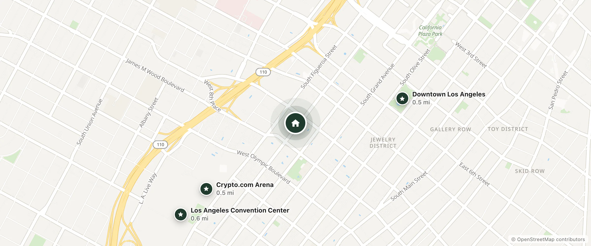 Map of O Hotel and nearby Downtown Los Angeles, Crypto.com Arena and Los Angeles Convention Center