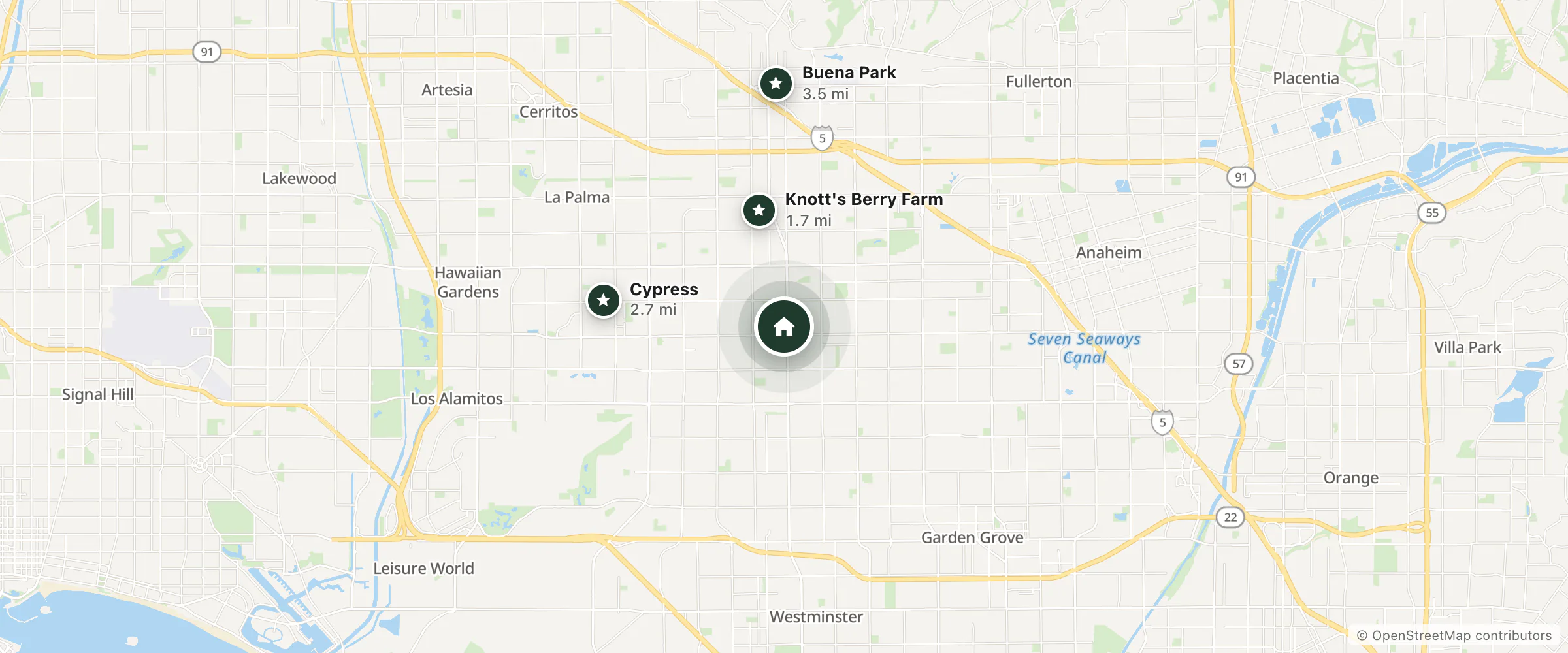 Map of Sahara Motel and nearby Knott's Berry Farm, Cypress and Buena Park
