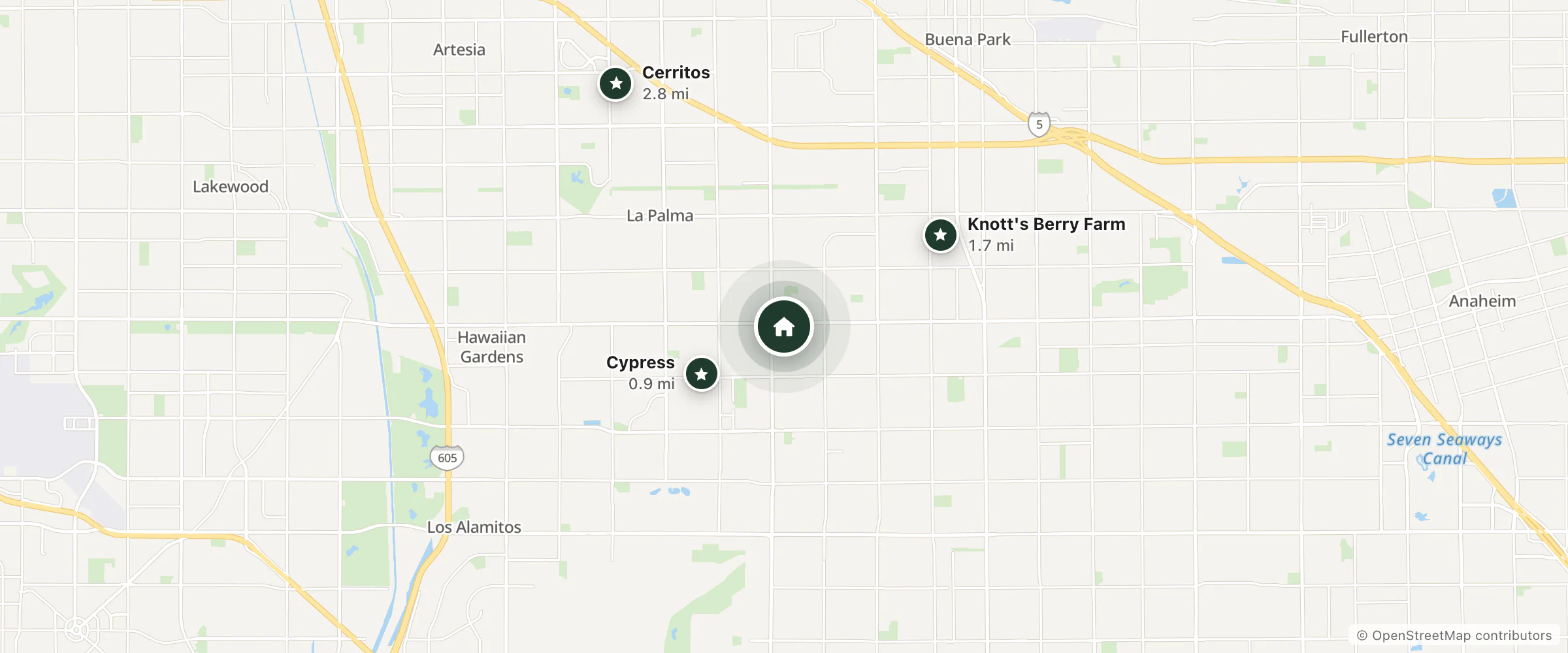 Map of Royal Inn Motel and nearby Cypress, Knott's Berry Farm and Cerritos