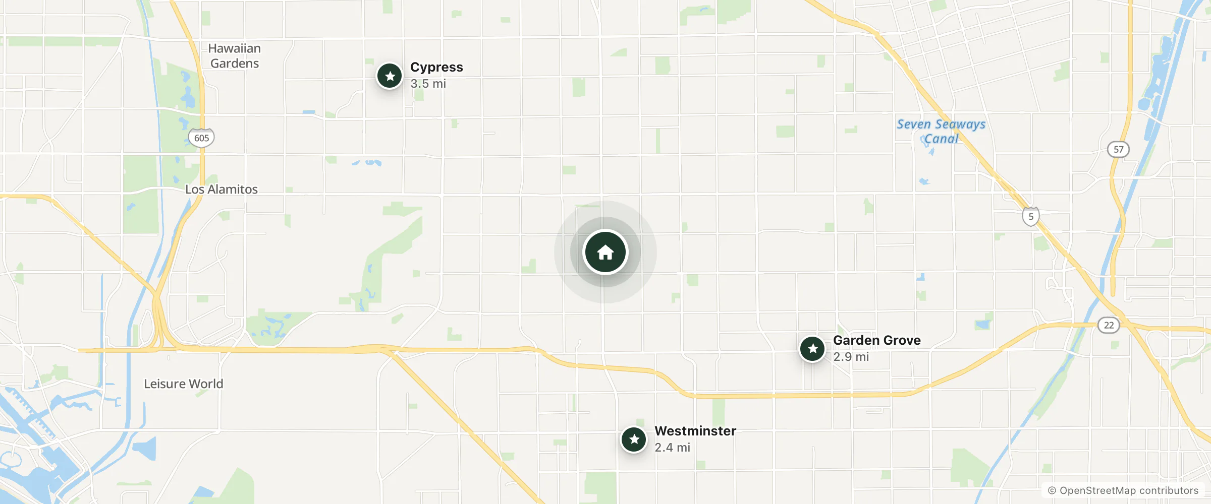 Map of Starlite motel and nearby Westminster, Garden Grove and Cypress
