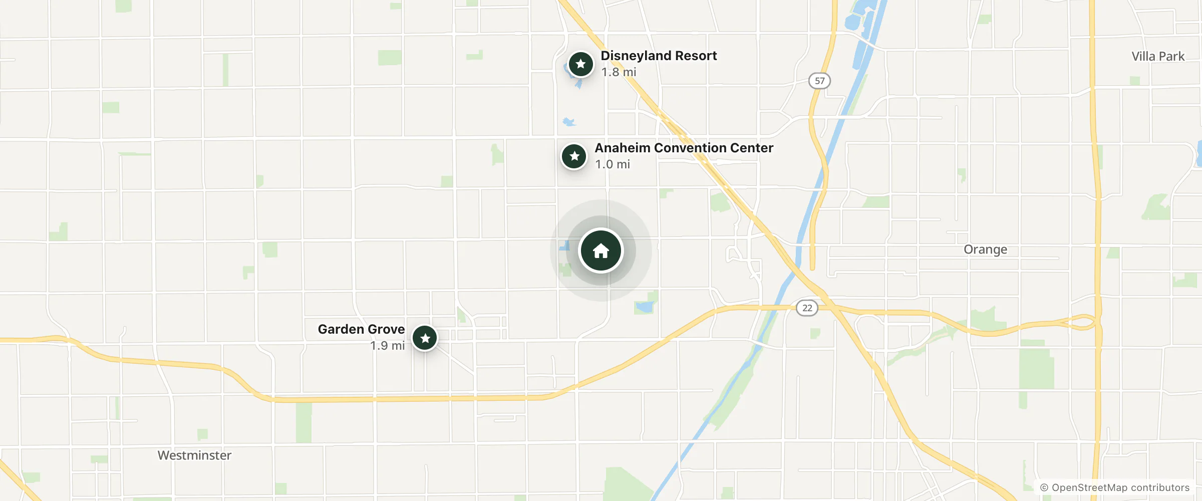 Map of Delta Hotels and nearby Anaheim Convention Center, Disneyland Resort and Garden Grove