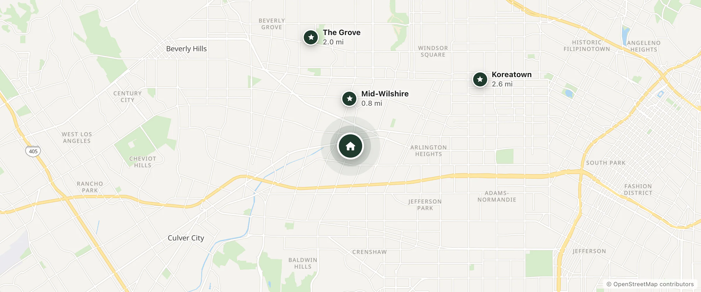 Map of Royal Hawaiian Motel and nearby Mid-Wilshire, The Grove and Koreatown