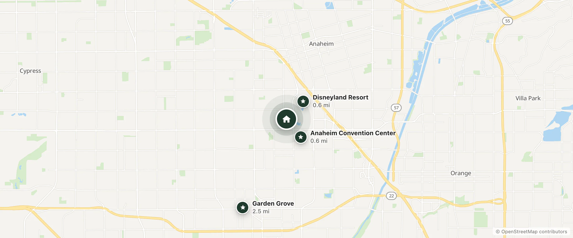 Map of Disney Vacation Club at Downtown Disney District and nearby Anaheim Convention Center, Disneyland Resort and Garden Grove