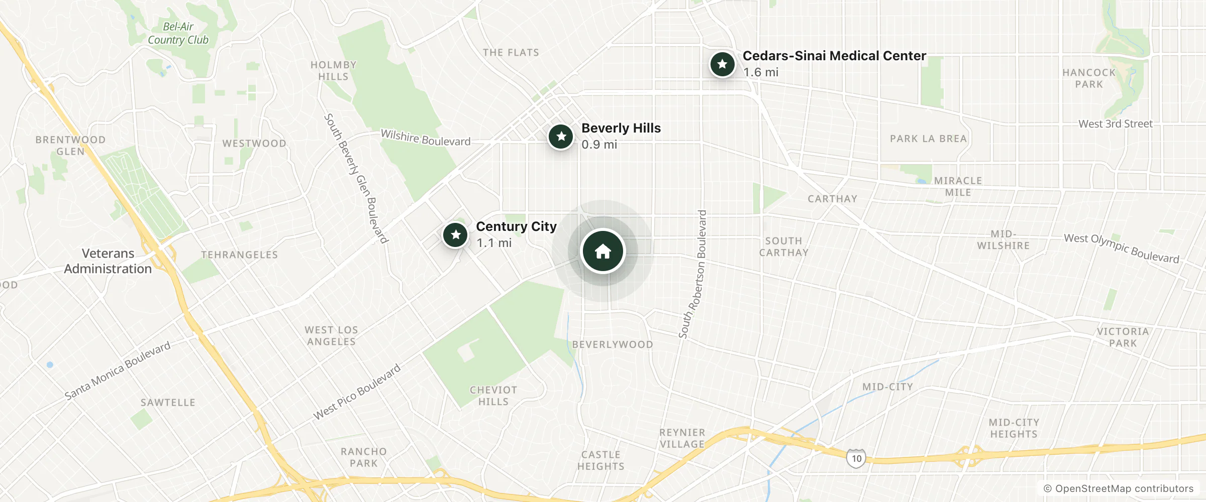 Map of Burton House Hotel and nearby Beverly Hills, Century City and Cedars-Sinai Medical Center