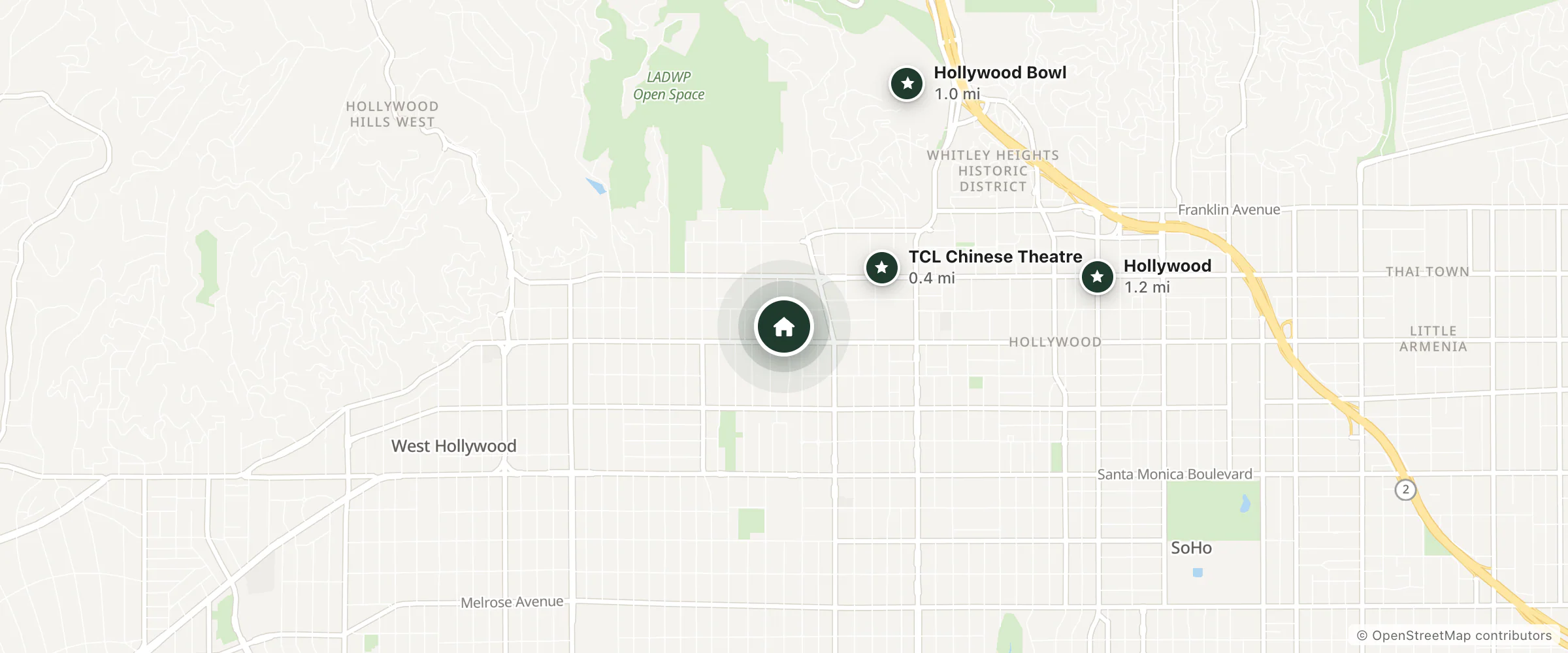 Map of Verse Hollywood and nearby TCL Chinese Theatre, Hollywood Bowl and Hollywood