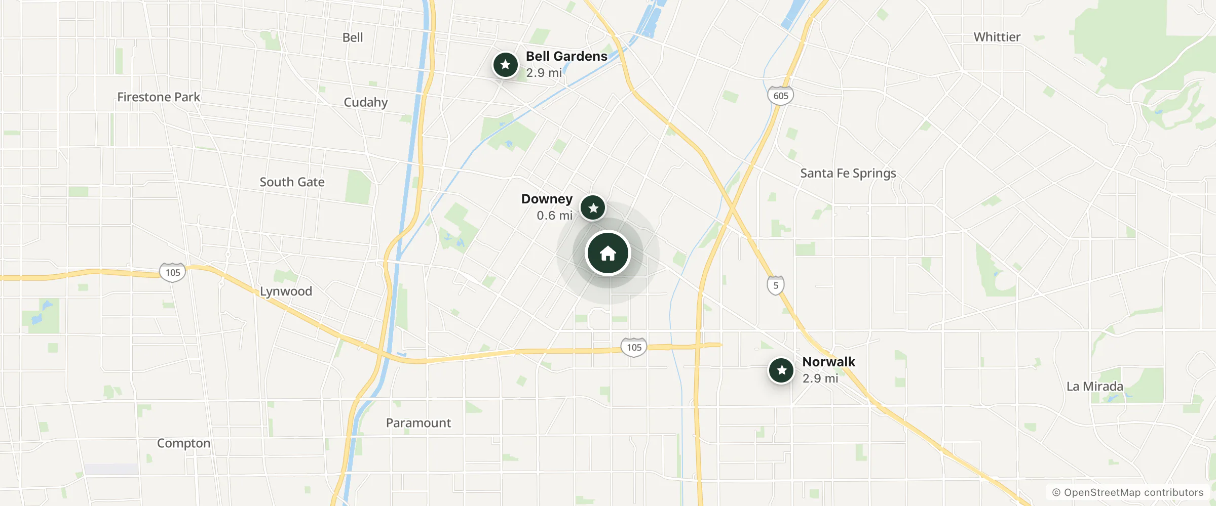 Map of Downey Inn and nearby Downey, Norwalk and Bell Gardens