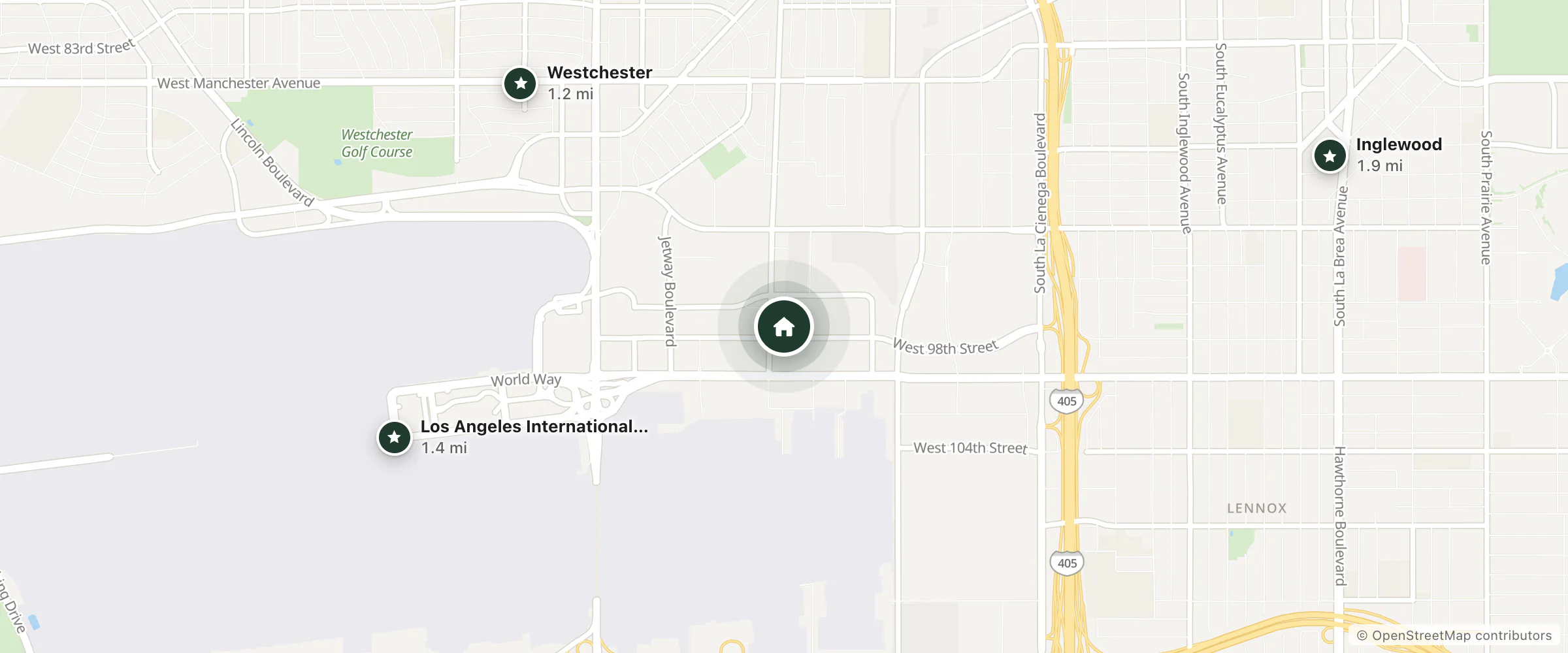 Map of Four Points by Sheraton Los Angeles International Airport and nearby Westchester, Los Angeles International Airport and Inglewood