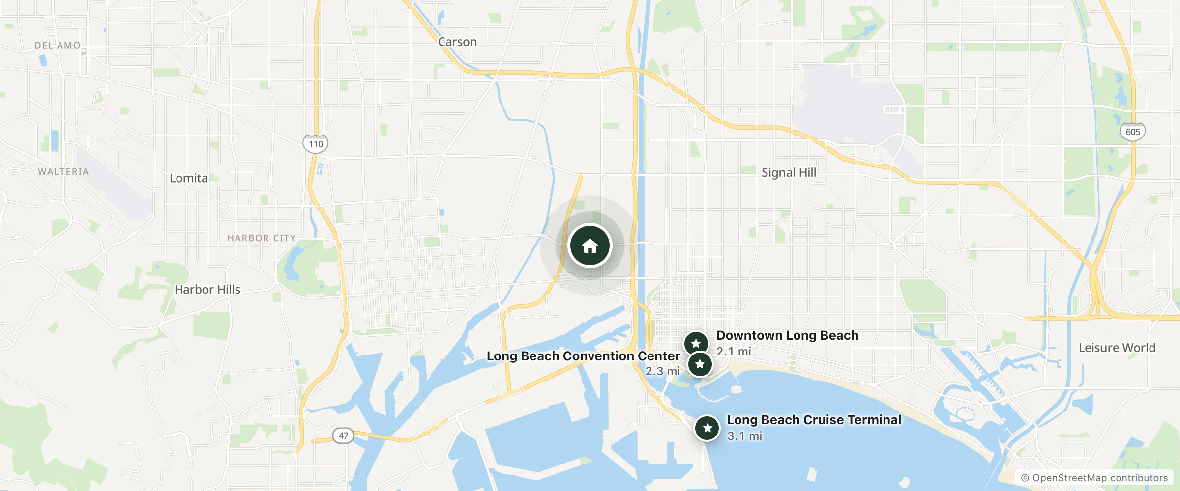 Map of Sea Breeze Motel and nearby Downtown Long Beach, Long Beach Convention Center and Long Beach Cruise Terminal