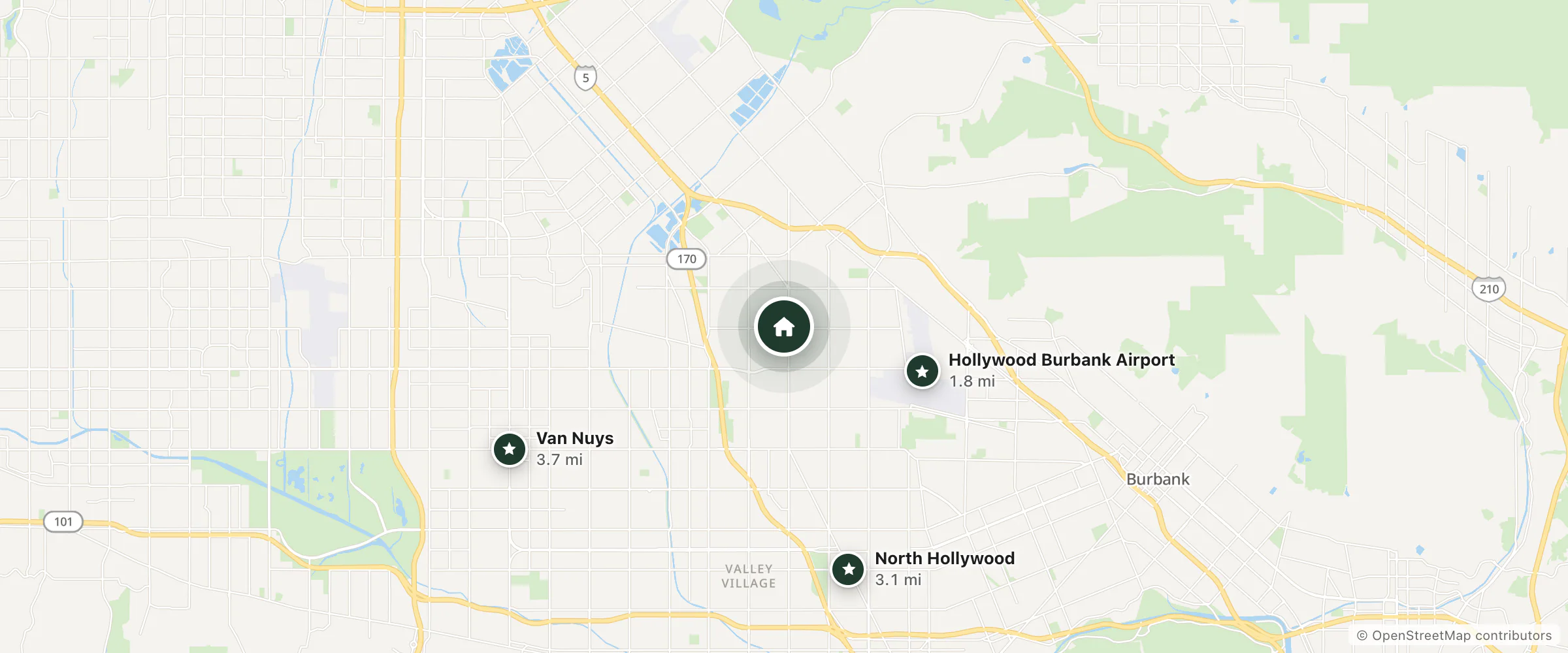 Map of Corona Motel and nearby Hollywood Burbank Airport, North Hollywood and Van Nuys