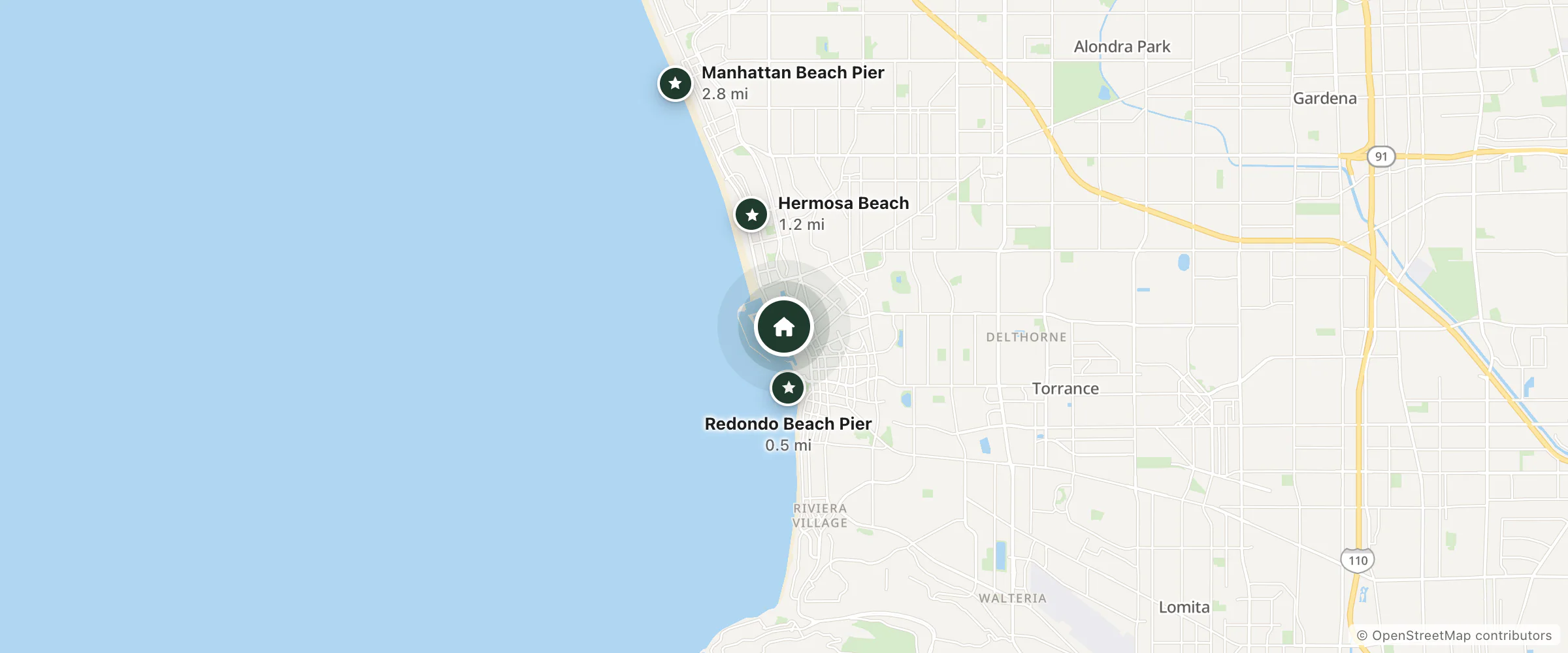 Map of Tapestry Collection by Hilton and nearby Redondo Beach Pier, Hermosa Beach and Manhattan Beach Pier