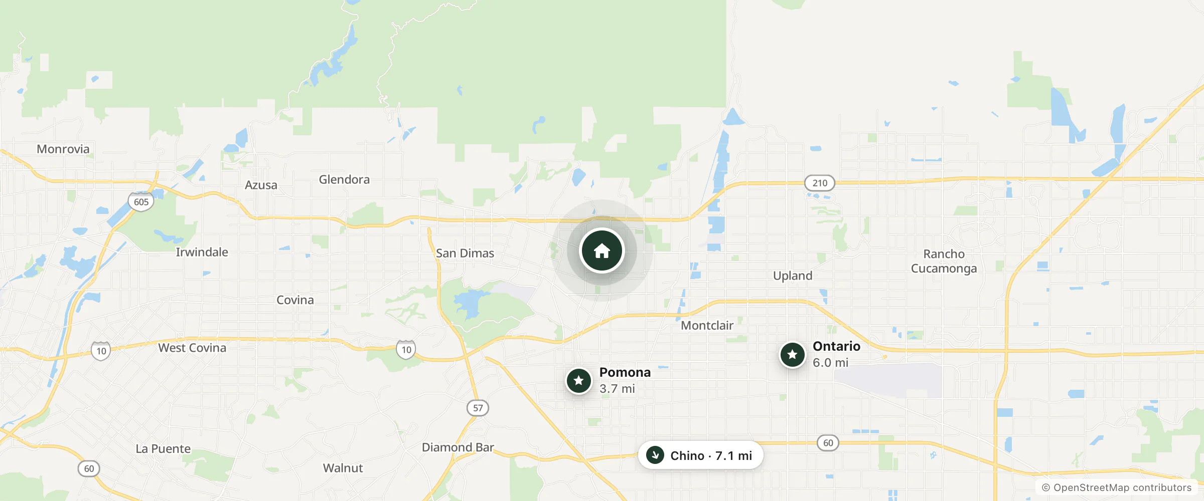 Map of Claremont West Suites and nearby Pomona, Ontario and Chino