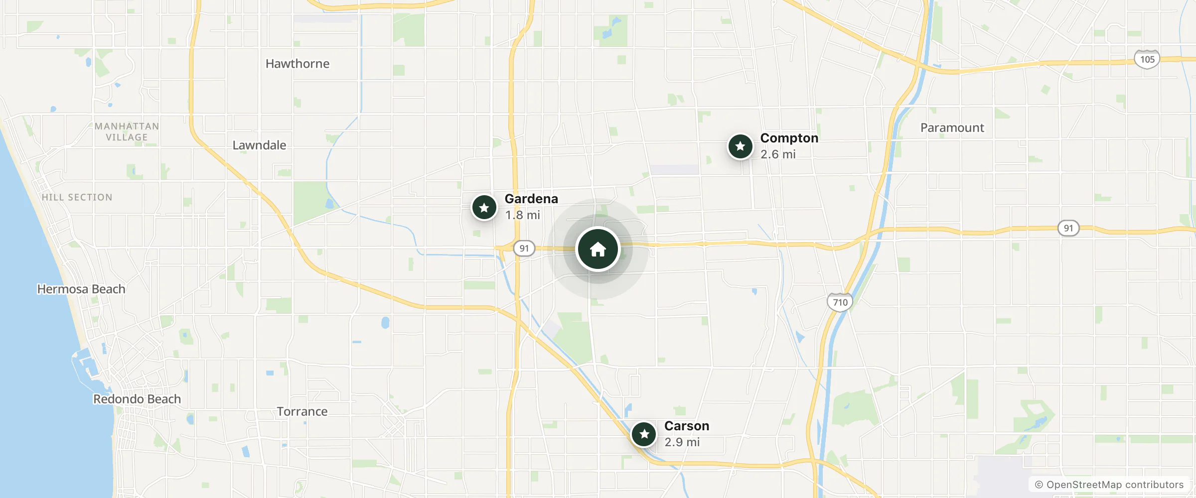 Map of Hampton Inn Los Angeles/carson/torrance and nearby Gardena, Compton and Carson