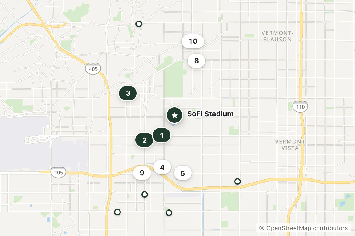 Map of the top 15 hotels for this question around SoFi Stadium