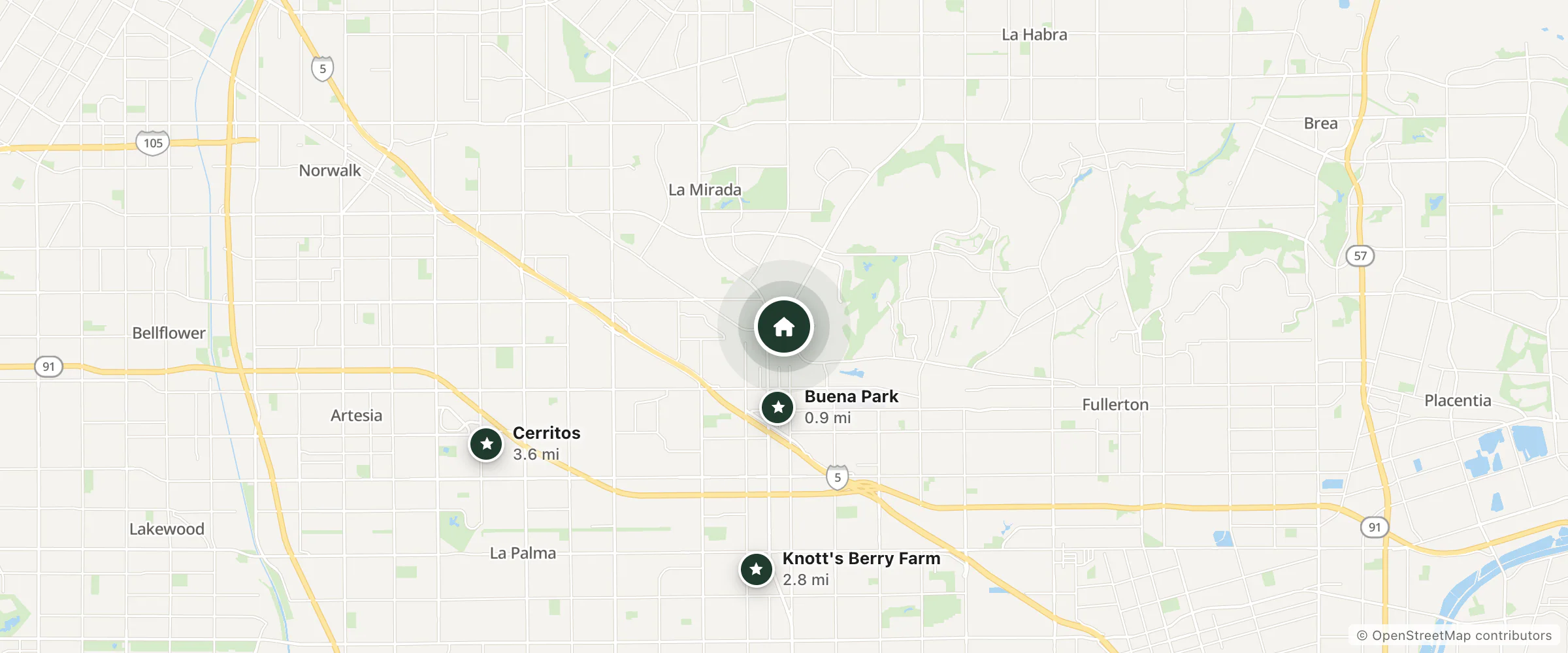 Map of Edgebrook Inn and nearby Buena Park, Knott's Berry Farm and Cerritos