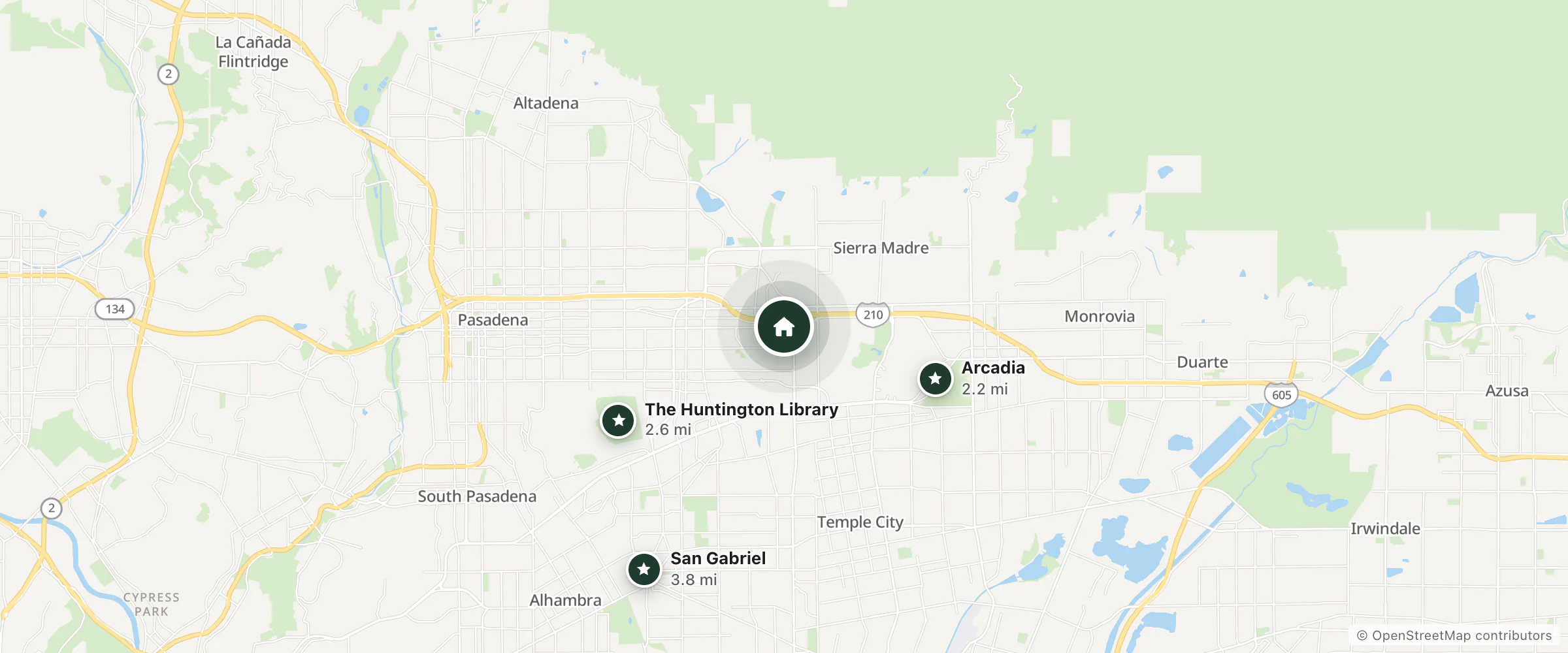 Map of Pasada Motel and nearby Arcadia, The Huntington Library and San Gabriel