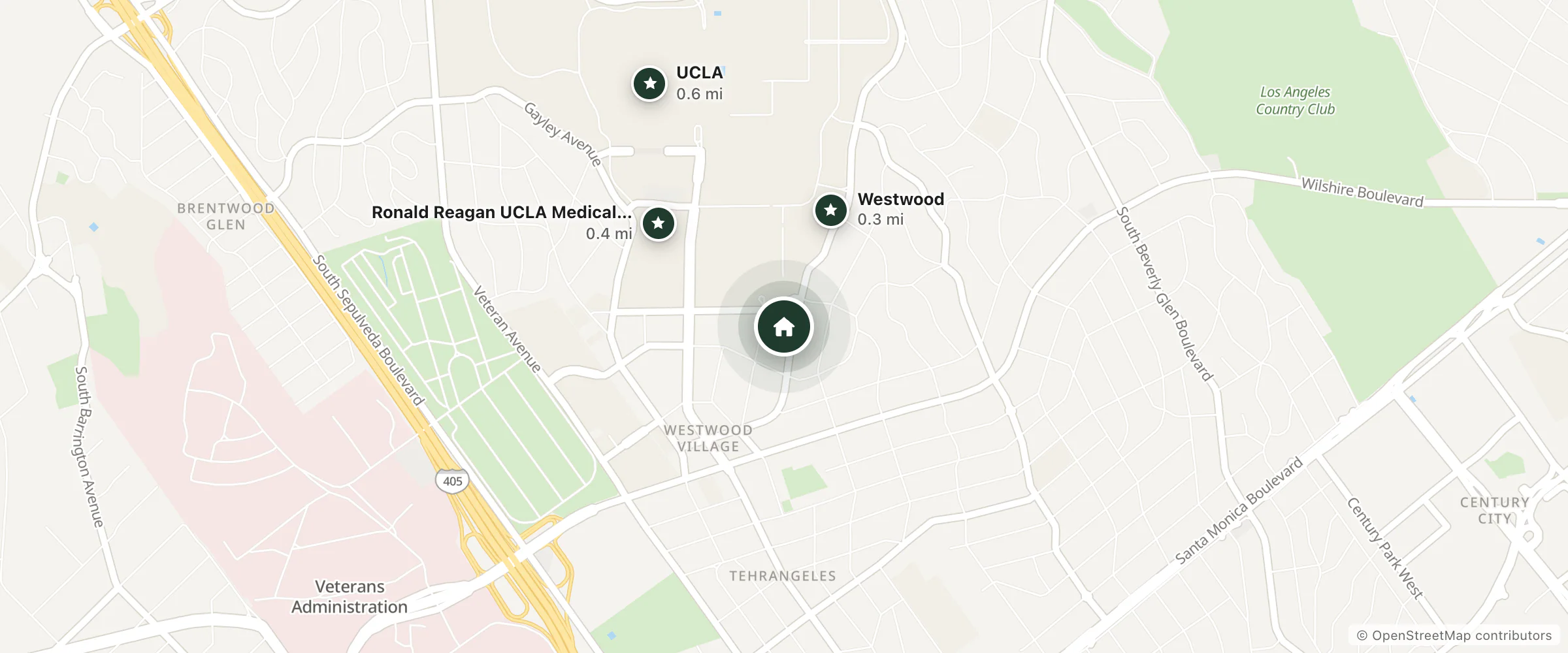 Map of Hilgard House and nearby Westwood, Ronald Reagan UCLA Medical Center and UCLA