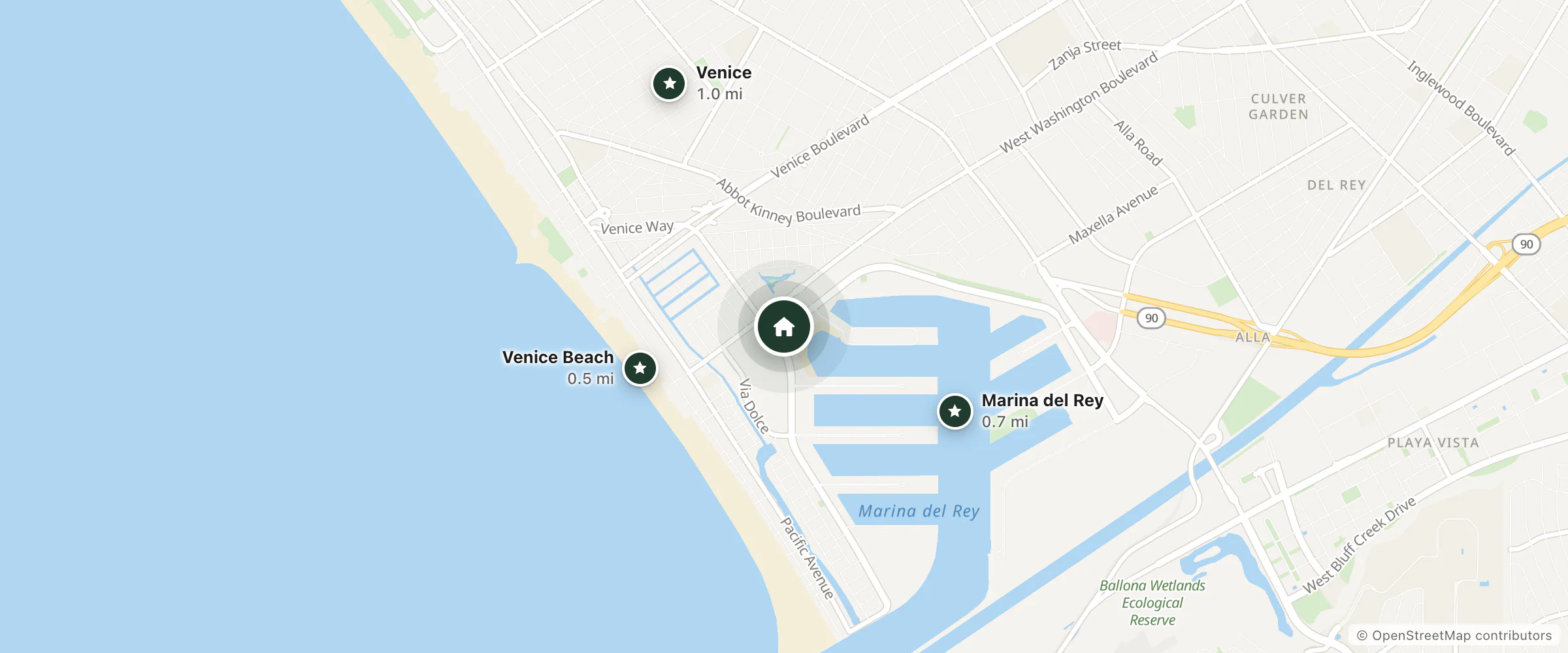 Map of Marina del Rey Marriott and nearby Venice Beach, Marina del Rey and Venice