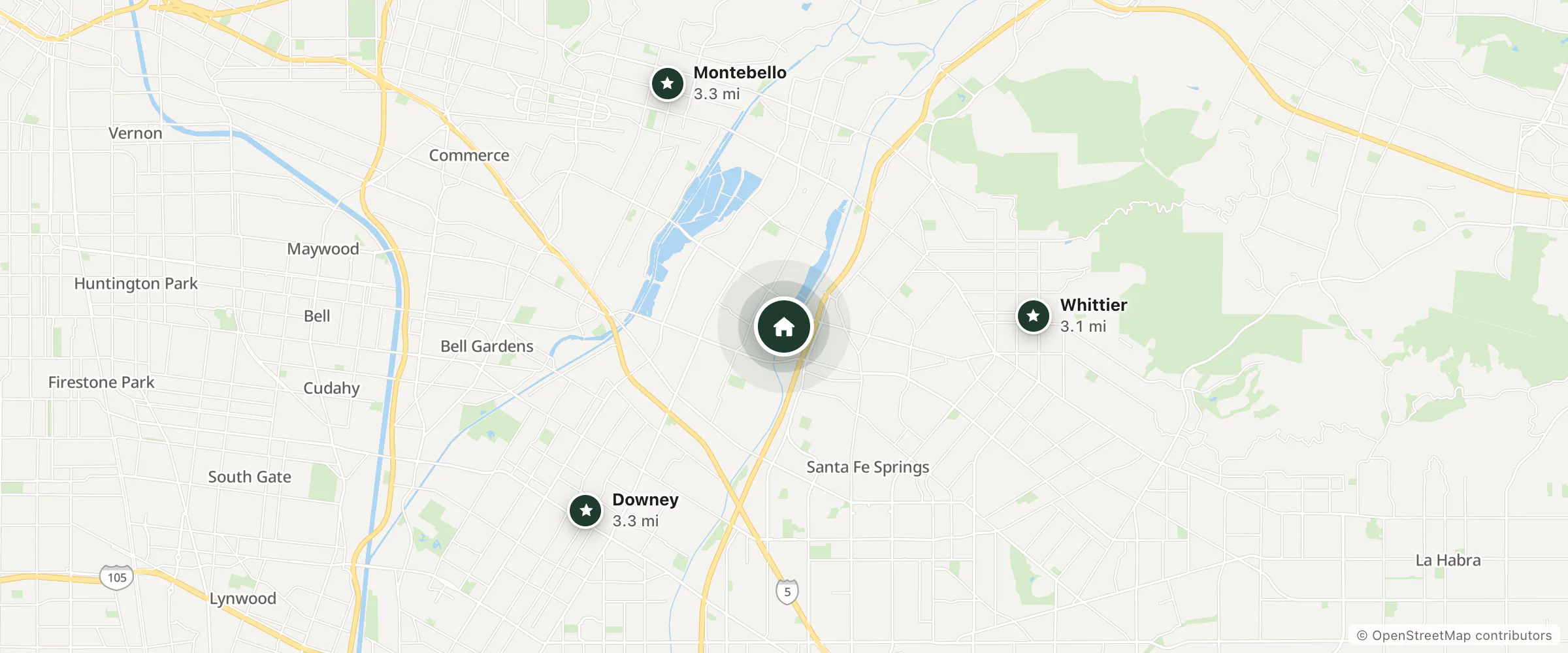 Map of The Abarca Family Resort and nearby Whittier, Montebello and Downey