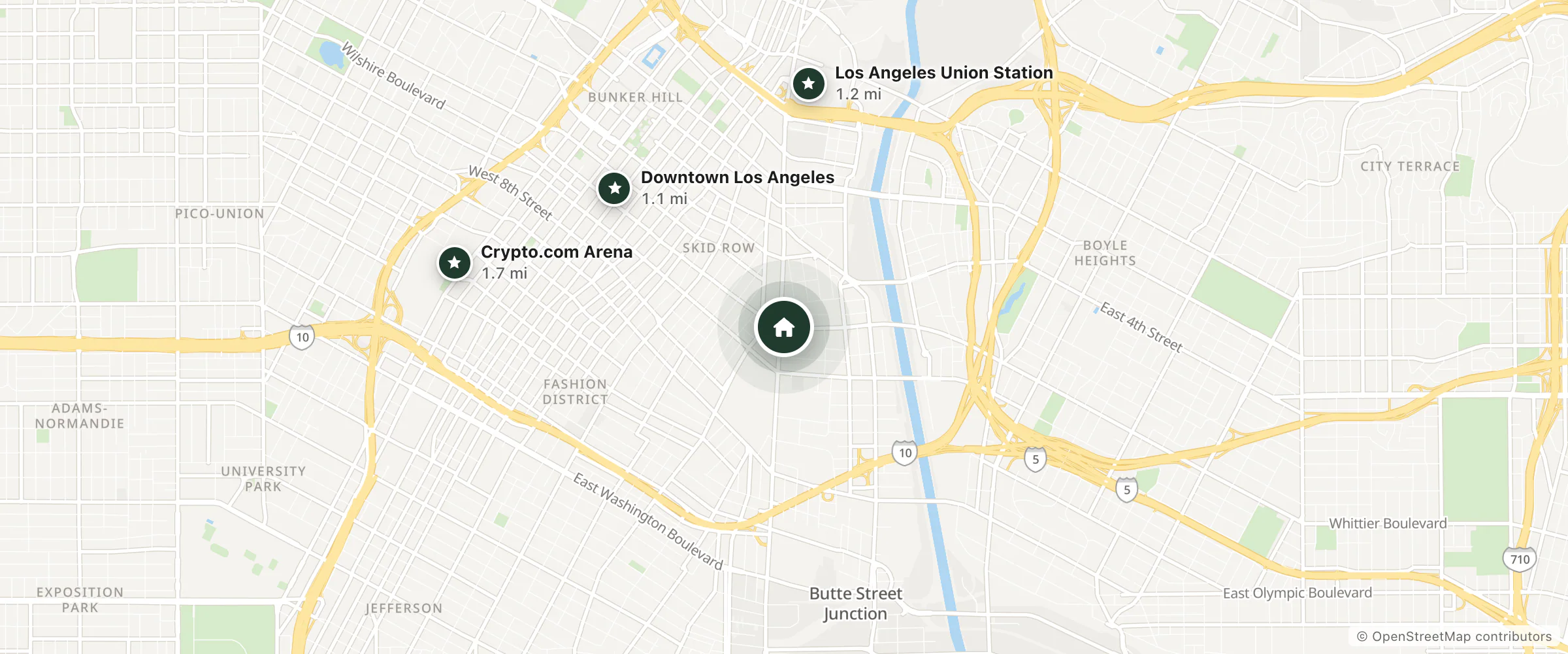Map of Las Americas Hotel and nearby Downtown Los Angeles, Los Angeles Union Station and Crypto.com Arena