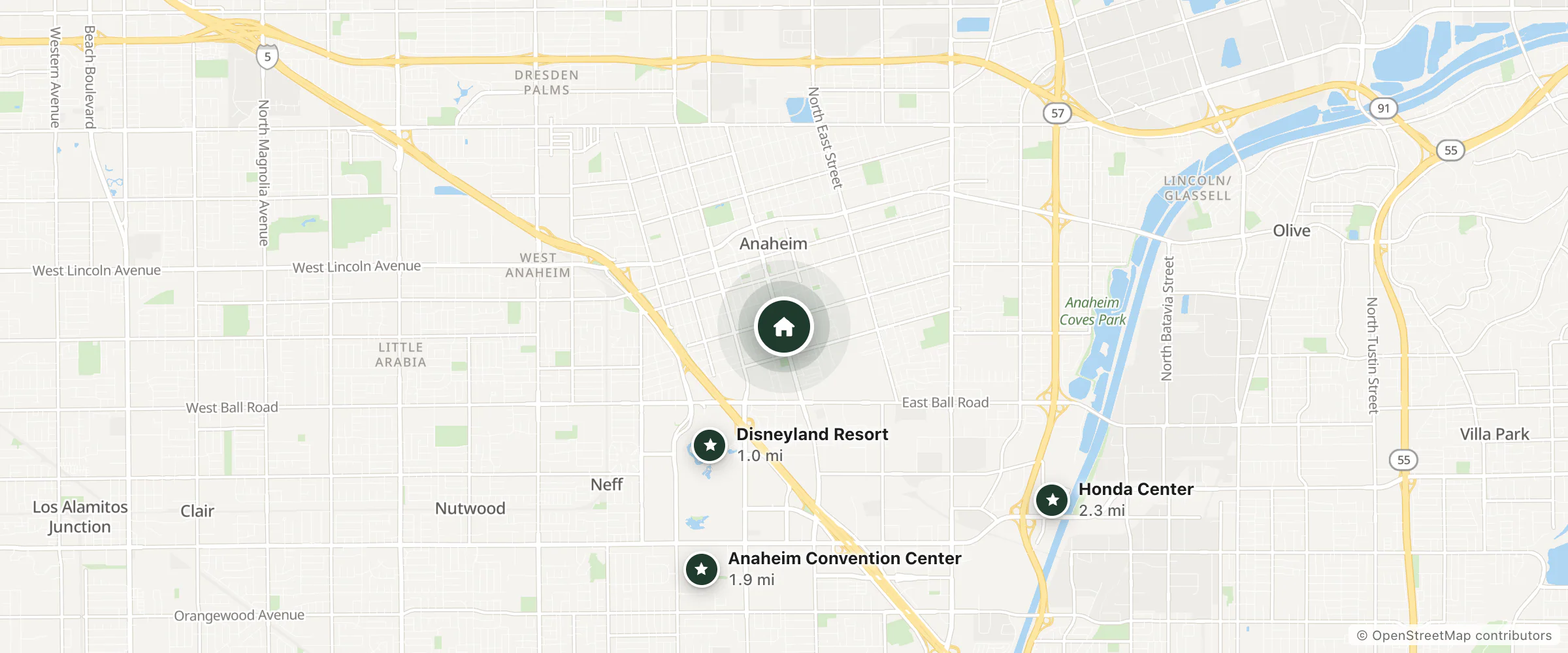 Map of Super 7 Motel and nearby Disneyland Resort, Anaheim Convention Center and Honda Center