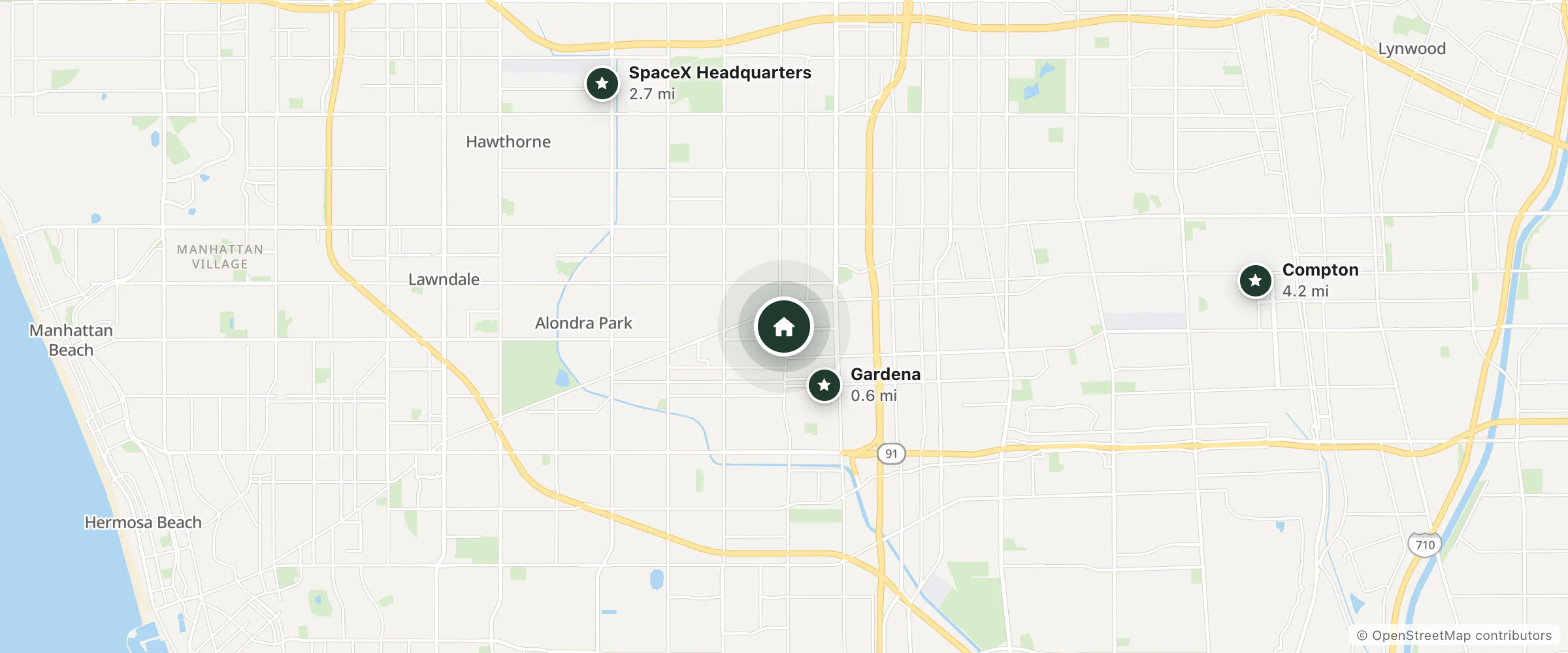 Map of Gateway Inn Gardena Los Angeles South and nearby Gardena, SpaceX Headquarters and Compton