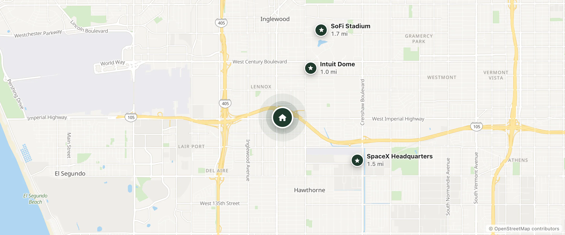 Map of Trend Hotel LAX and nearby Intuit Dome, SpaceX Headquarters and SoFi Stadium