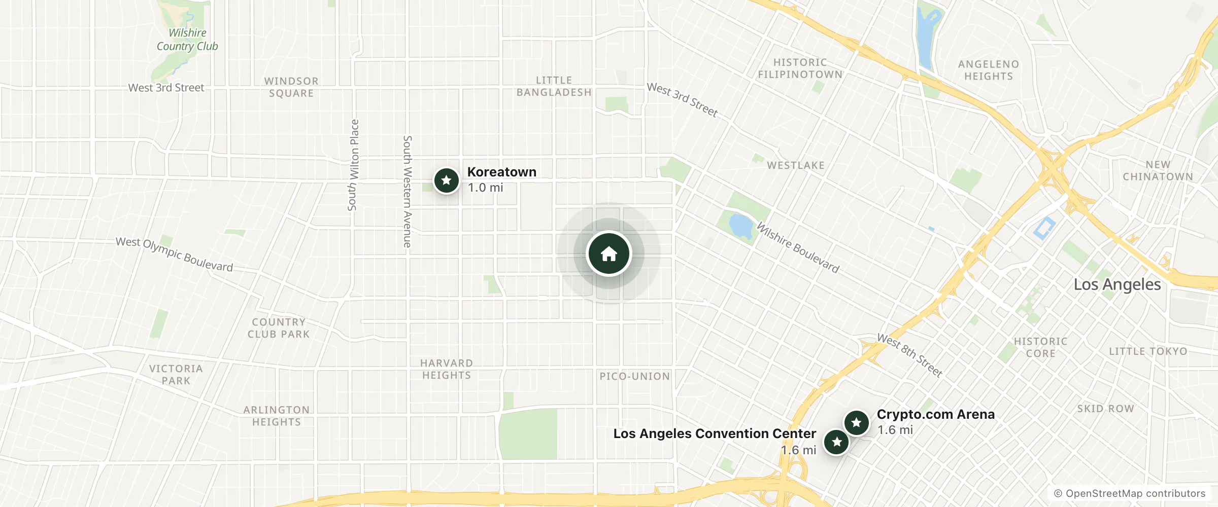 Map of hotel kilo and nearby Koreatown, Los Angeles Convention Center and Crypto.com Arena
