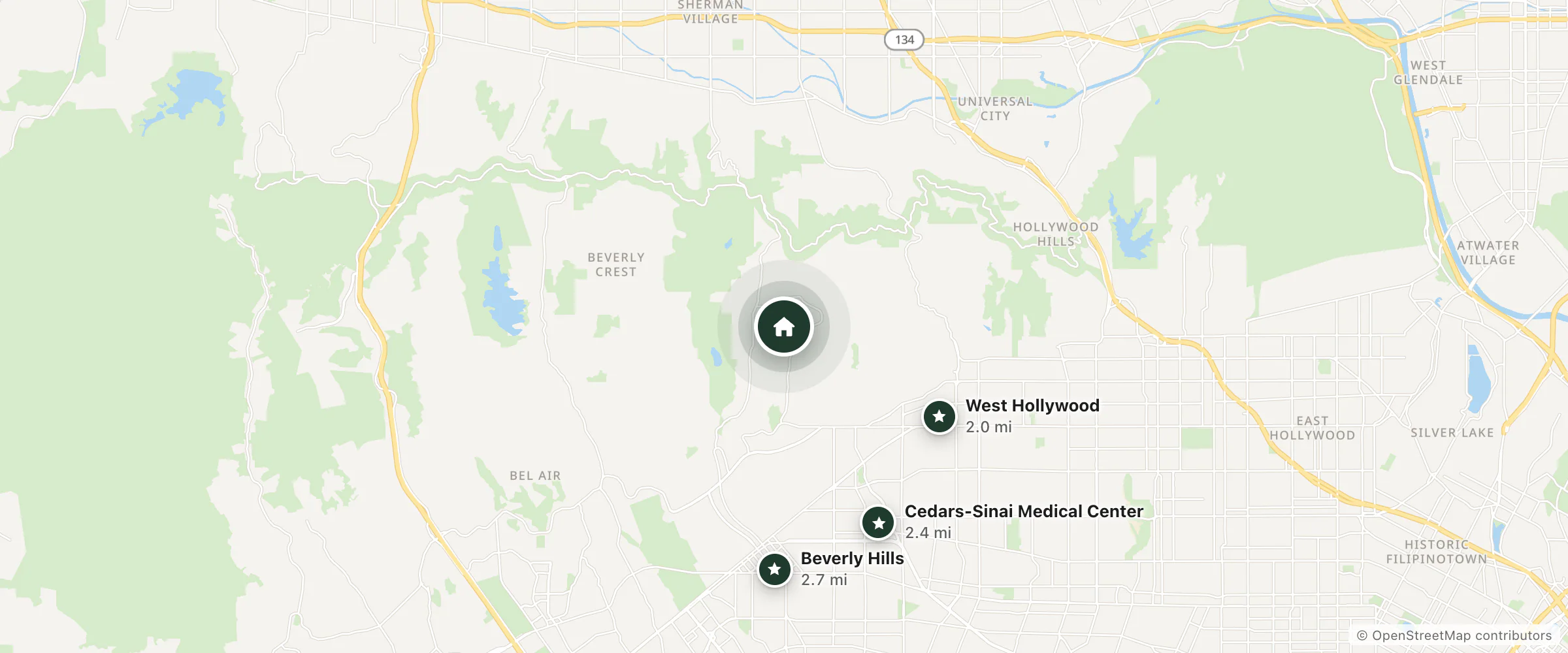 Map of Carla Ridge Manor and nearby West Hollywood, Cedars-Sinai Medical Center and Beverly Hills