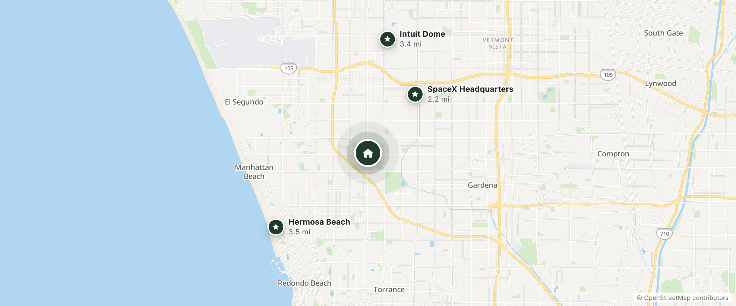 Map of Best Western Plus South Bay Hotel and nearby SpaceX Headquarters, Intuit Dome and Hermosa Beach