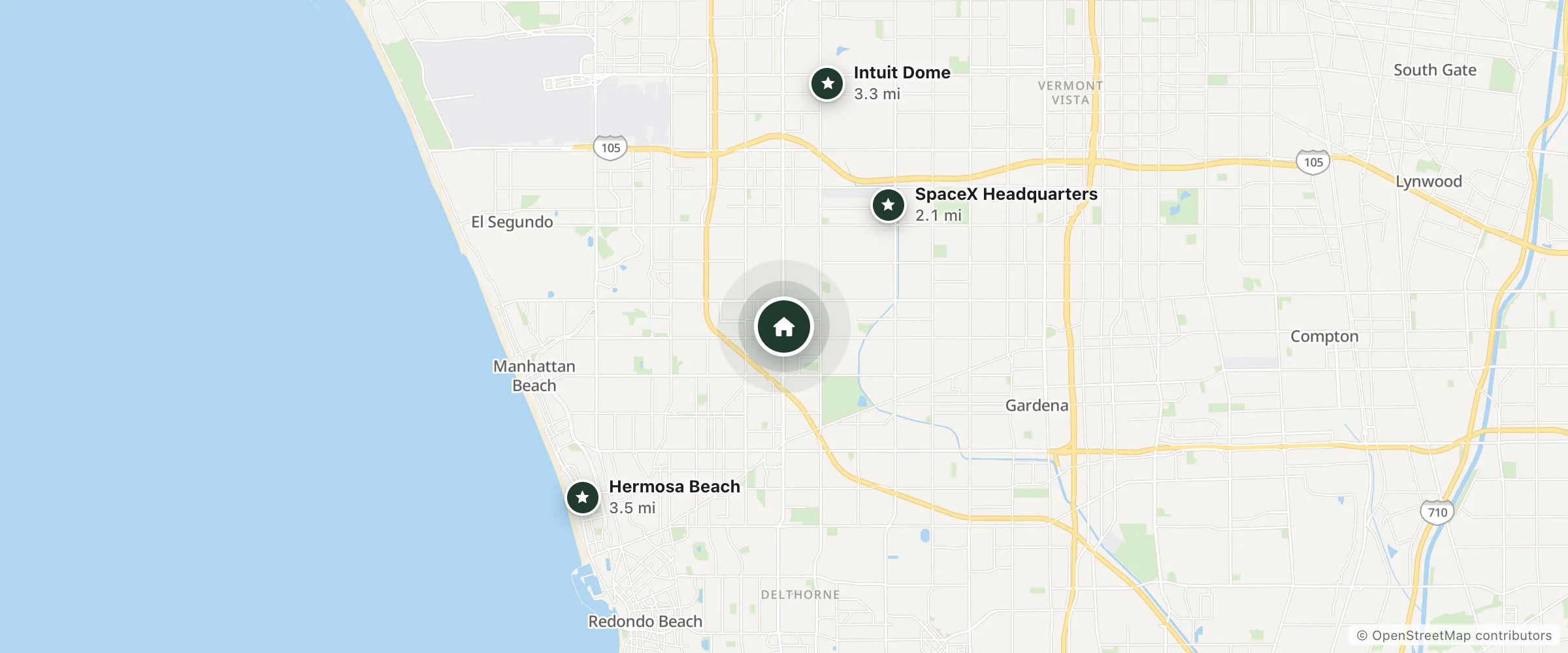Map of Studio 6 Suites Lawndale- Ca – South Bay and nearby SpaceX Headquarters, Intuit Dome and Hermosa Beach
