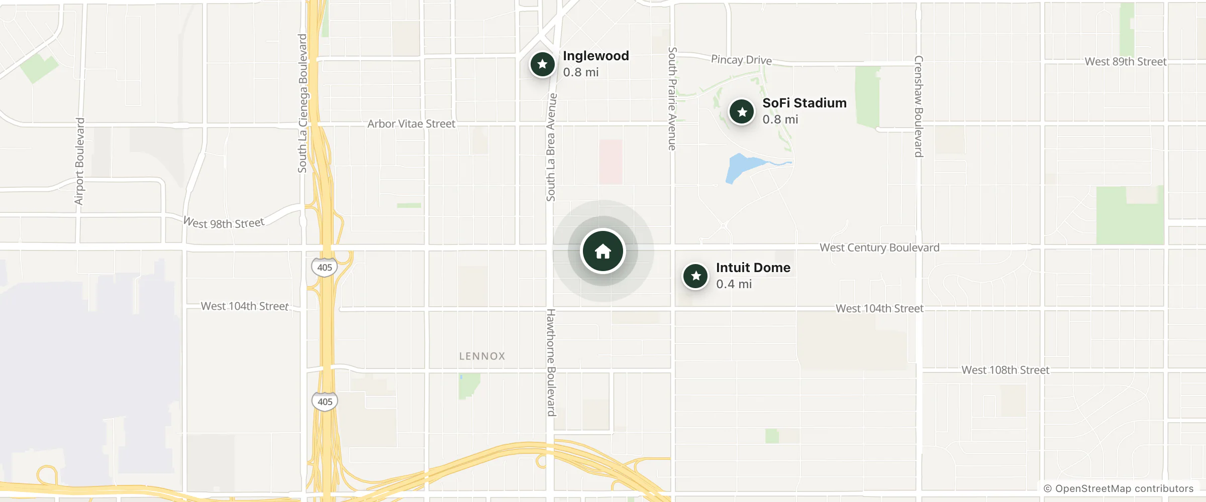 Map of LA Adventure Hotel and nearby Intuit Dome, Inglewood and SoFi Stadium