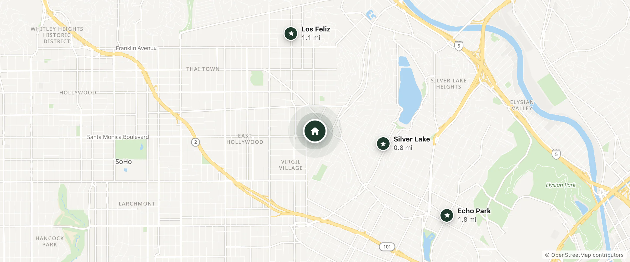 Map of Silver Lake Pool & Inn and nearby Silver Lake, Los Feliz and Echo Park