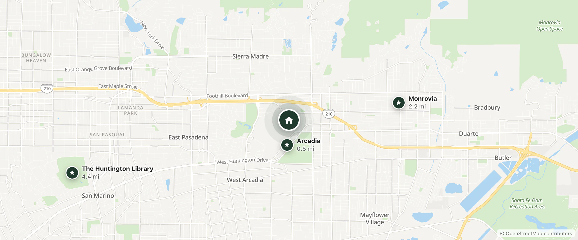 Map of Motel 6 Arcadia and nearby Arcadia, Monrovia and The Huntington Library