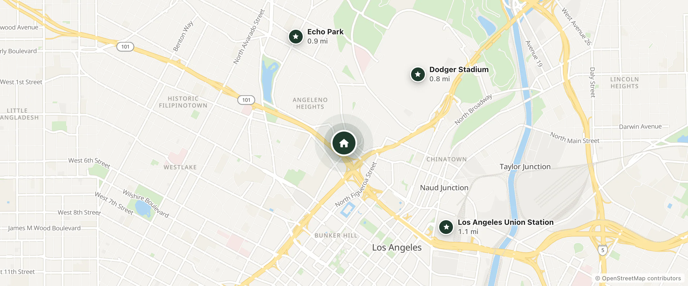 Map of PARADISE MOTEL and nearby Dodger Stadium, Echo Park and Los Angeles Union Station