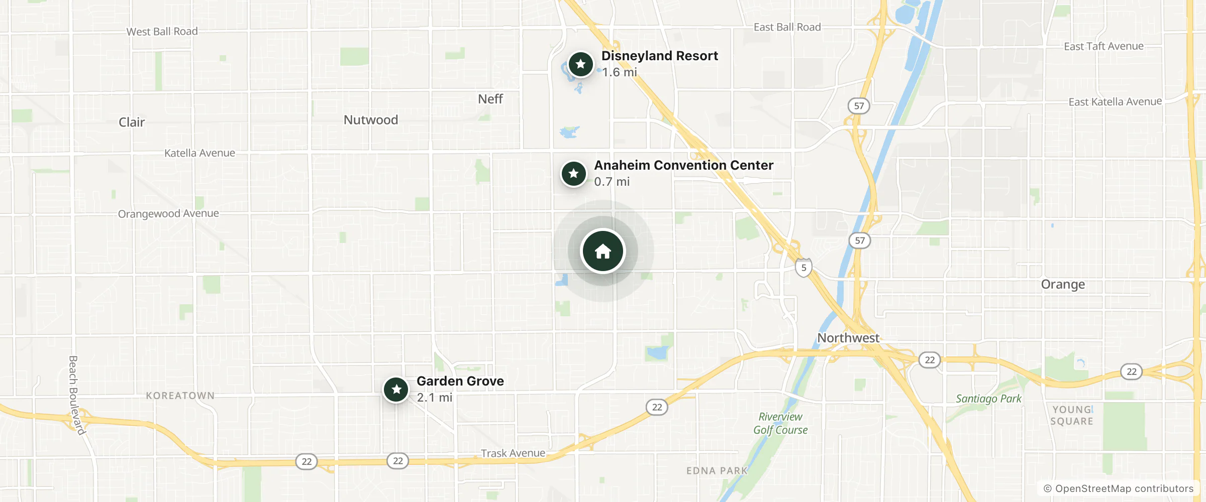 Map of Embassy Suites by Hilton and nearby Anaheim Convention Center, Disneyland Resort and Garden Grove