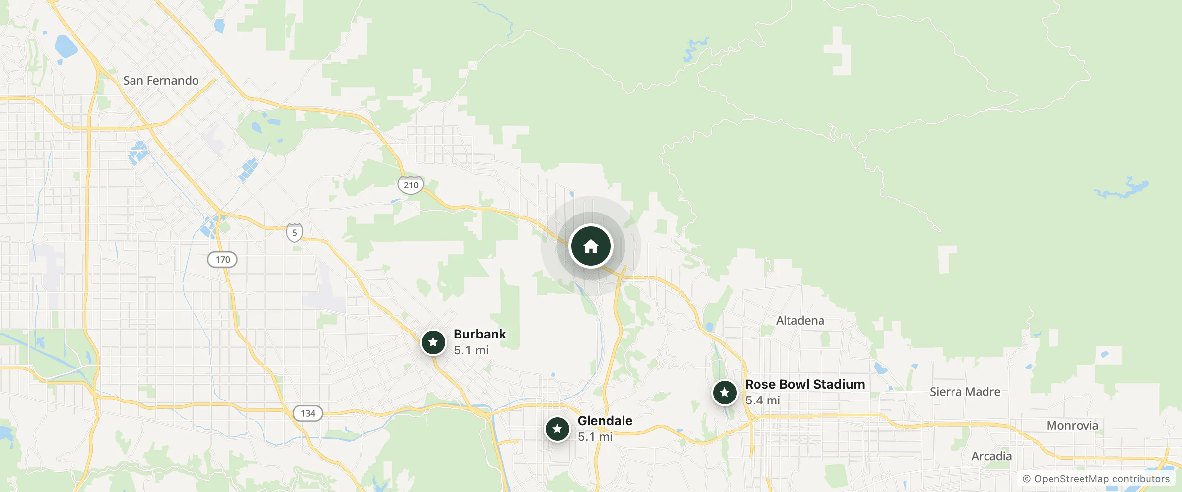 Map of La Crescenta Motel and nearby Burbank, Glendale and Rose Bowl Stadium