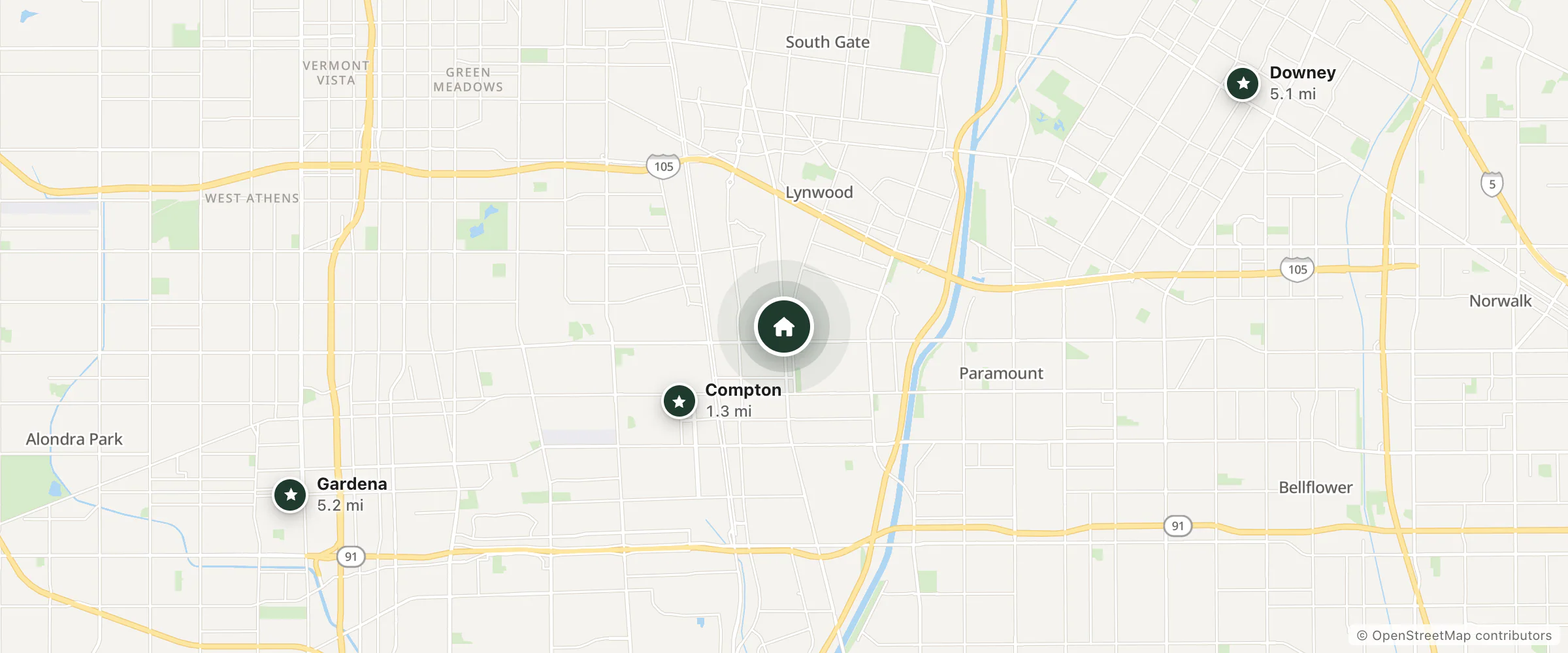 Map of Royal Inn Motel and nearby Compton, Downey and Gardena