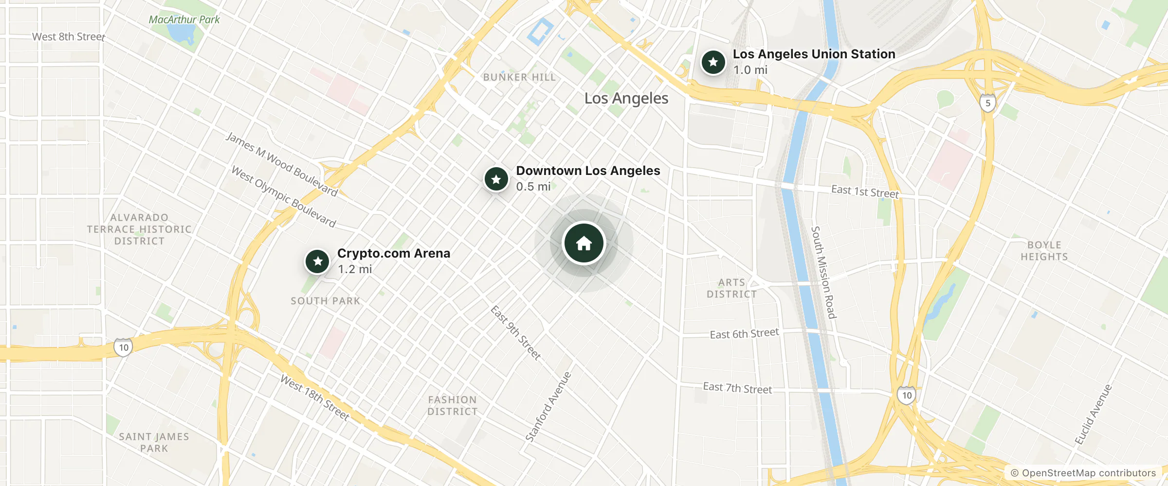 Map of Courtland Hotel and nearby Downtown Los Angeles, Los Angeles Union Station and Crypto.com Arena