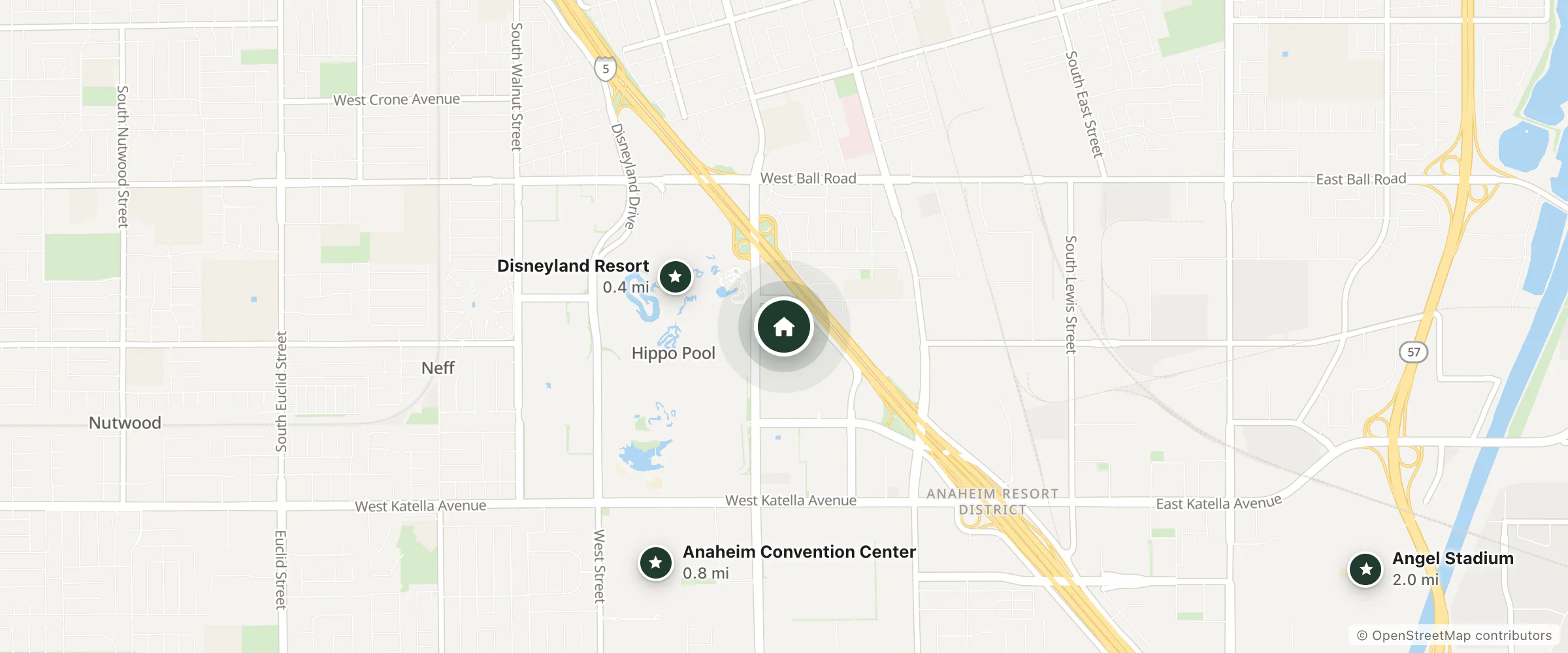 Map of Marriott and nearby Disneyland Resort, Anaheim Convention Center and Angel Stadium