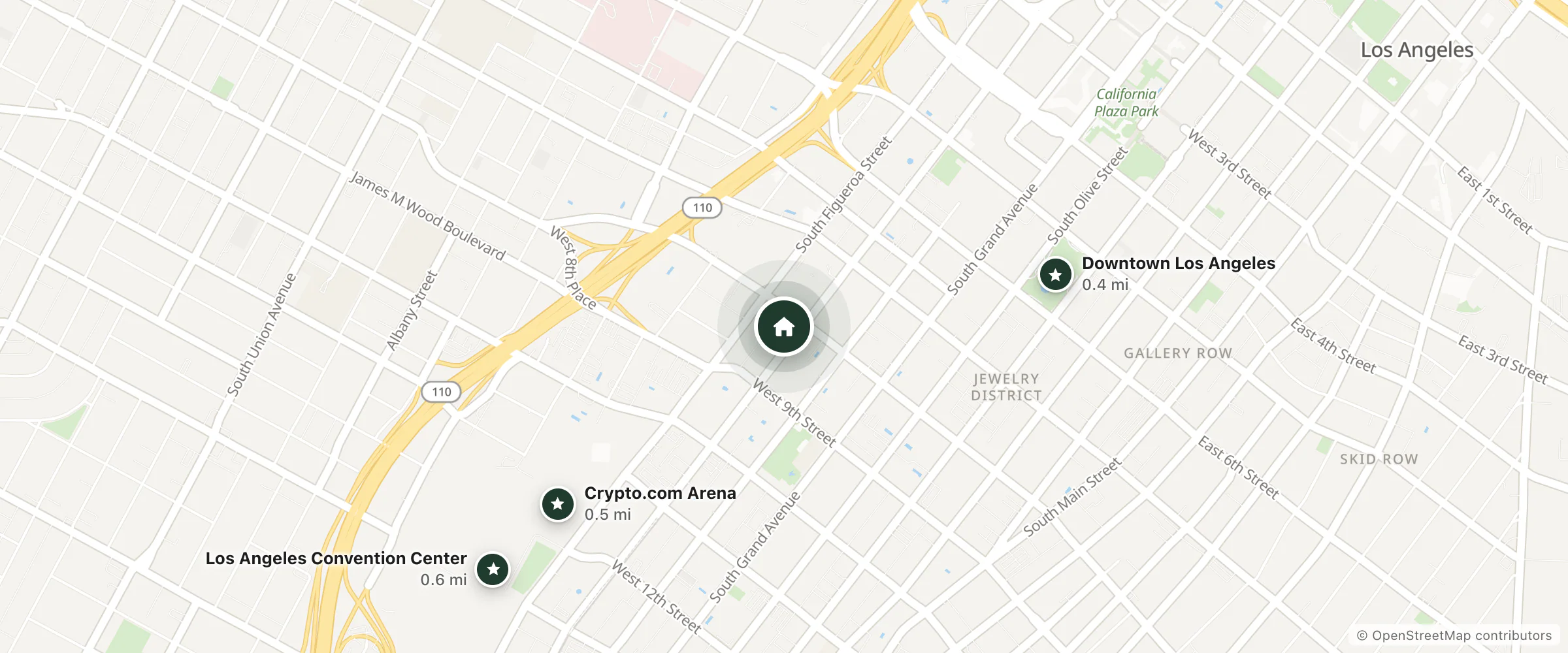 Map of The Wayfarer Downtown LA, Tapestry Collection by Hilton and nearby Downtown Los Angeles, Crypto.com Arena and Los Angeles Convention Center
