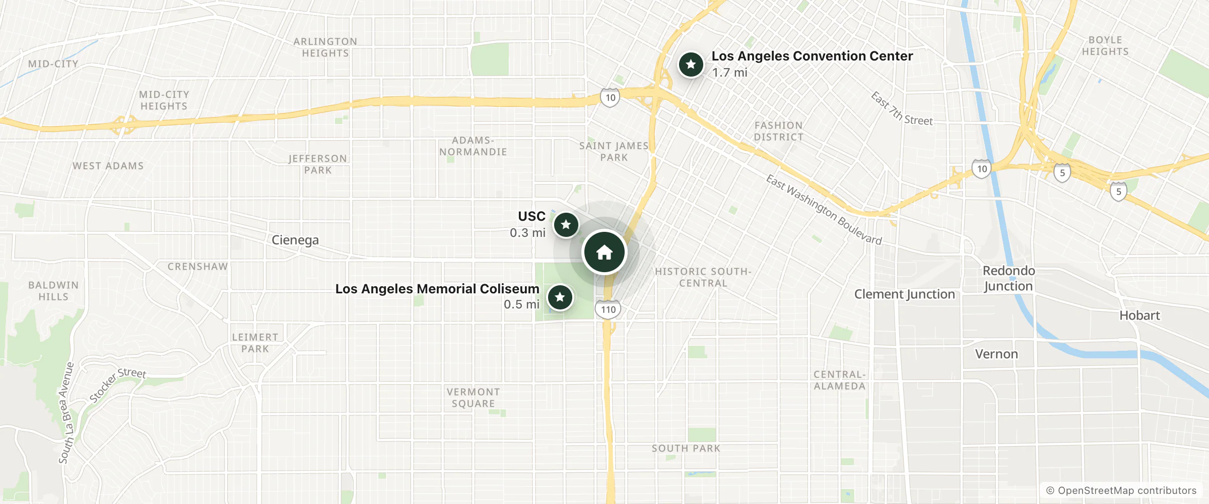 Map of USC Hotel and nearby USC, Los Angeles Memorial Coliseum and Los Angeles Convention Center
