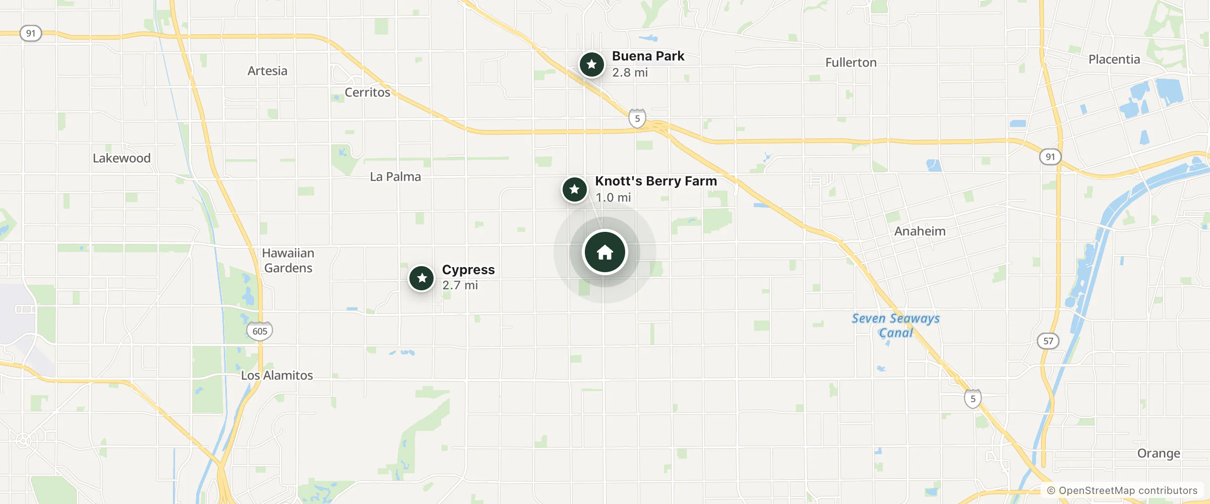 Map of Americana Motel and nearby Knott's Berry Farm, Cypress and Buena Park