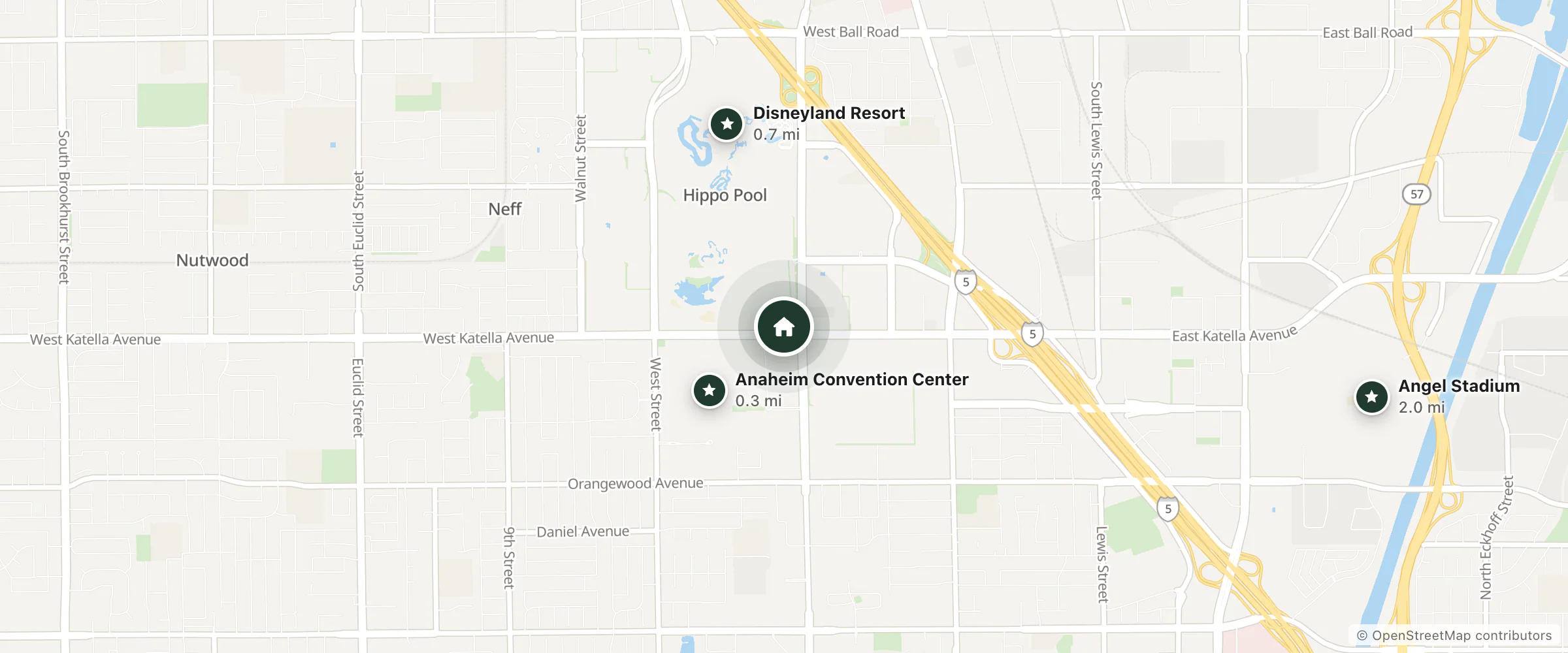 Map of Desert Palms Hotel and Suites and nearby Anaheim Convention Center, Disneyland Resort and Angel Stadium