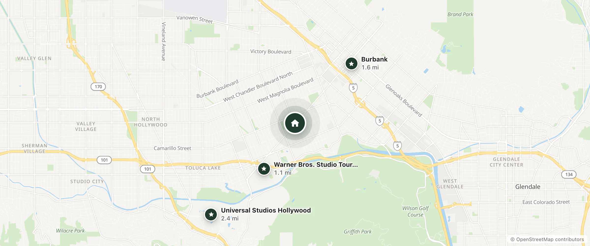 Map of Burbank Extended Stay Inn and nearby Warner Bros. Studio Tour Hollywood, Burbank and Universal Studios Hollywood