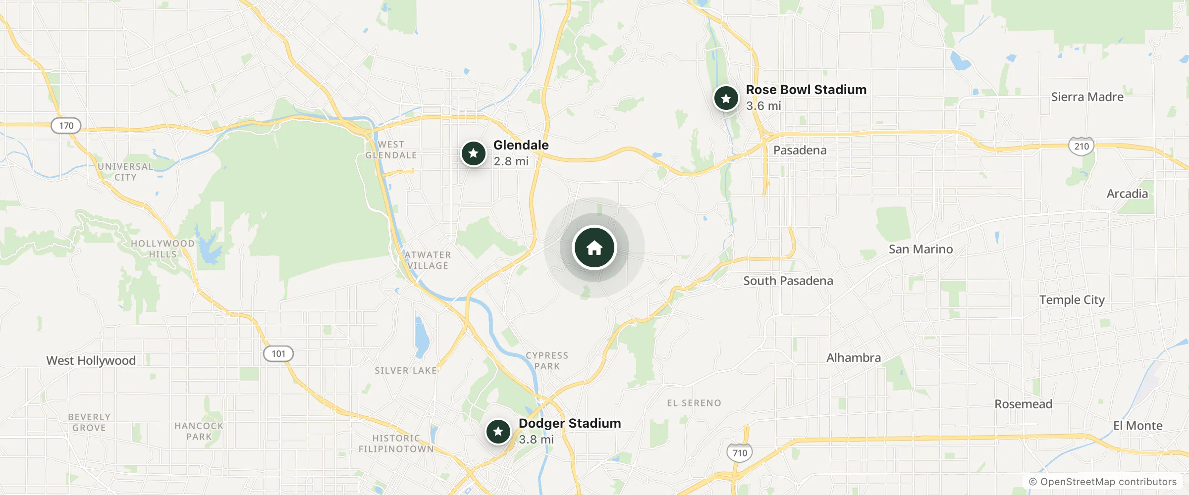 Map of Highland Park Motel and nearby Glendale, Rose Bowl Stadium and Dodger Stadium