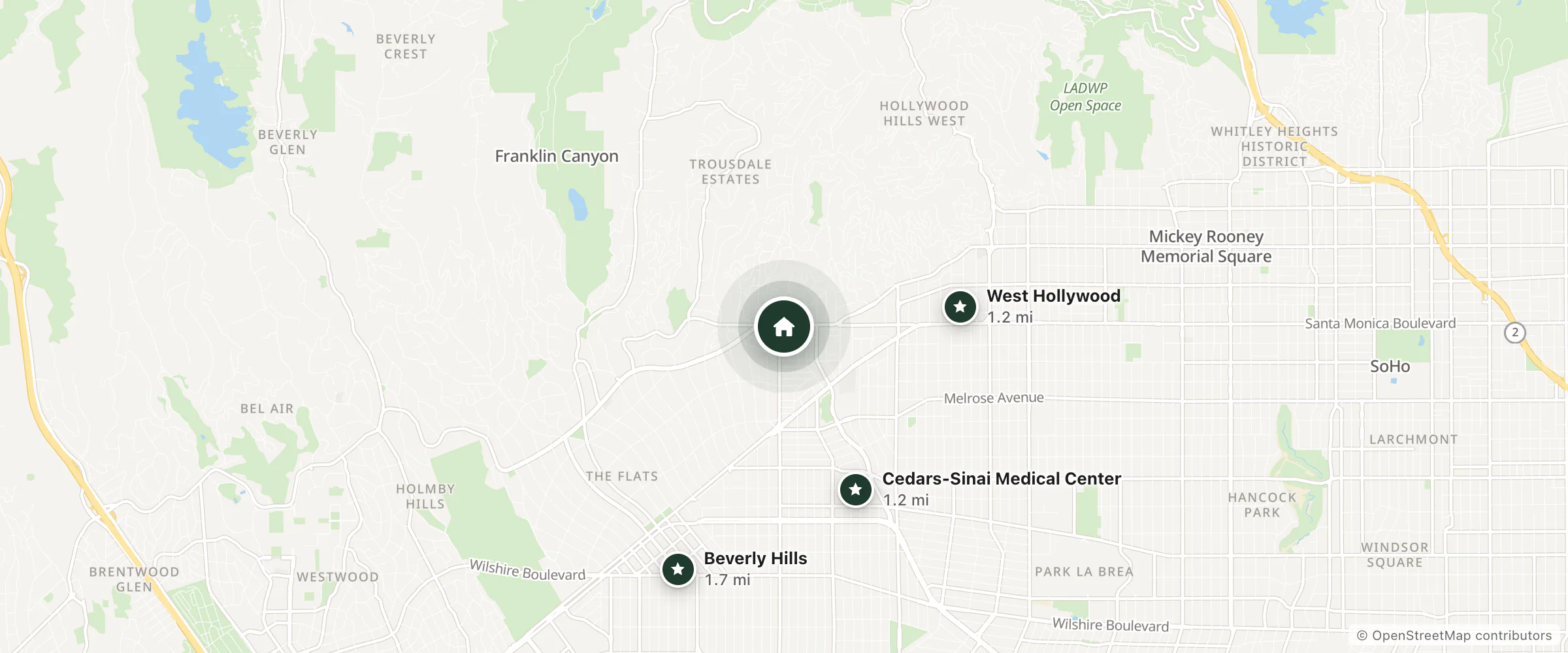 Map of The West Hollywood EDITION and nearby West Hollywood, Cedars-Sinai Medical Center and Beverly Hills