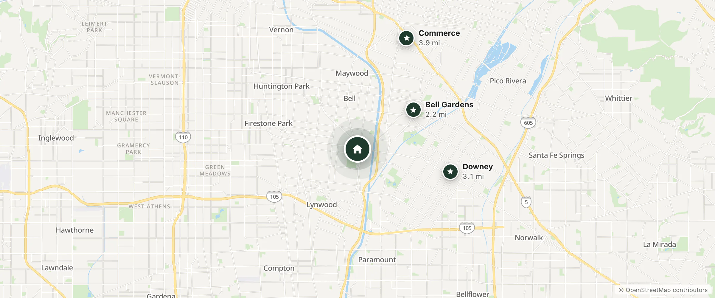 Map of Motel 6 and nearby Bell Gardens, Downey and Commerce
