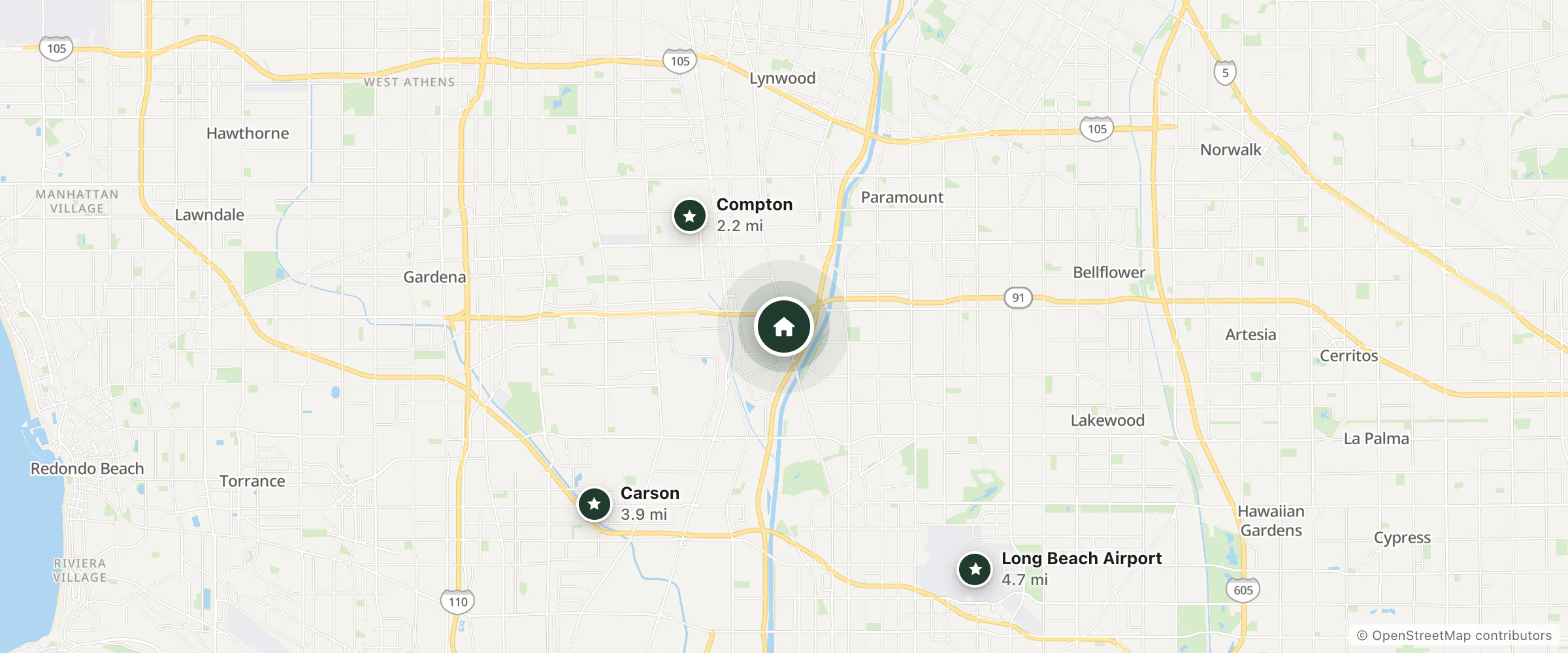 Map of kay's motel and nearby Compton, Carson and Long Beach Airport
