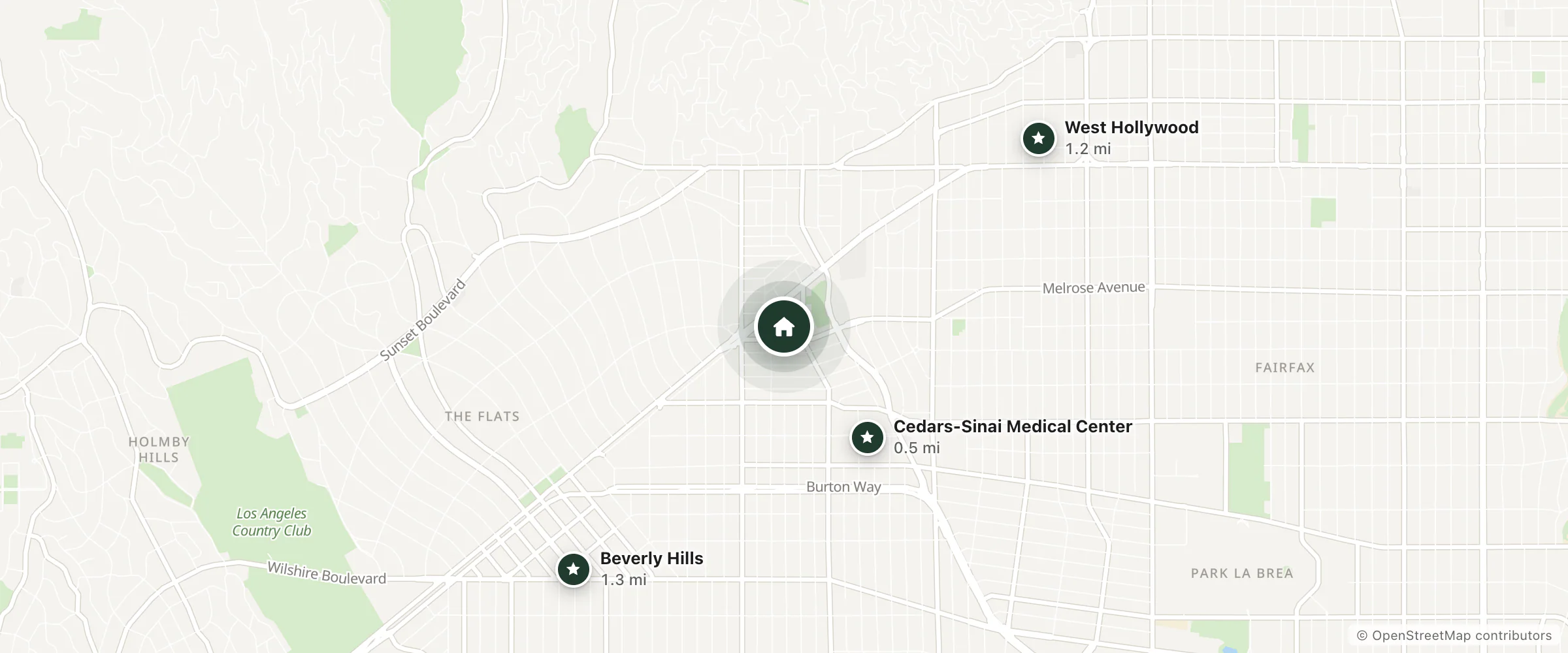 Map of Kimpton La Peer West Hollywood and nearby Cedars-Sinai Medical Center, West Hollywood and Beverly Hills
